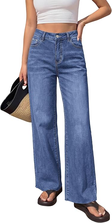 BTFBM Jeans for Women 2026 Summer High Waisted Button Down Straight Leg Stretchy Raw Hem Trendy Denim Pants with Pockets