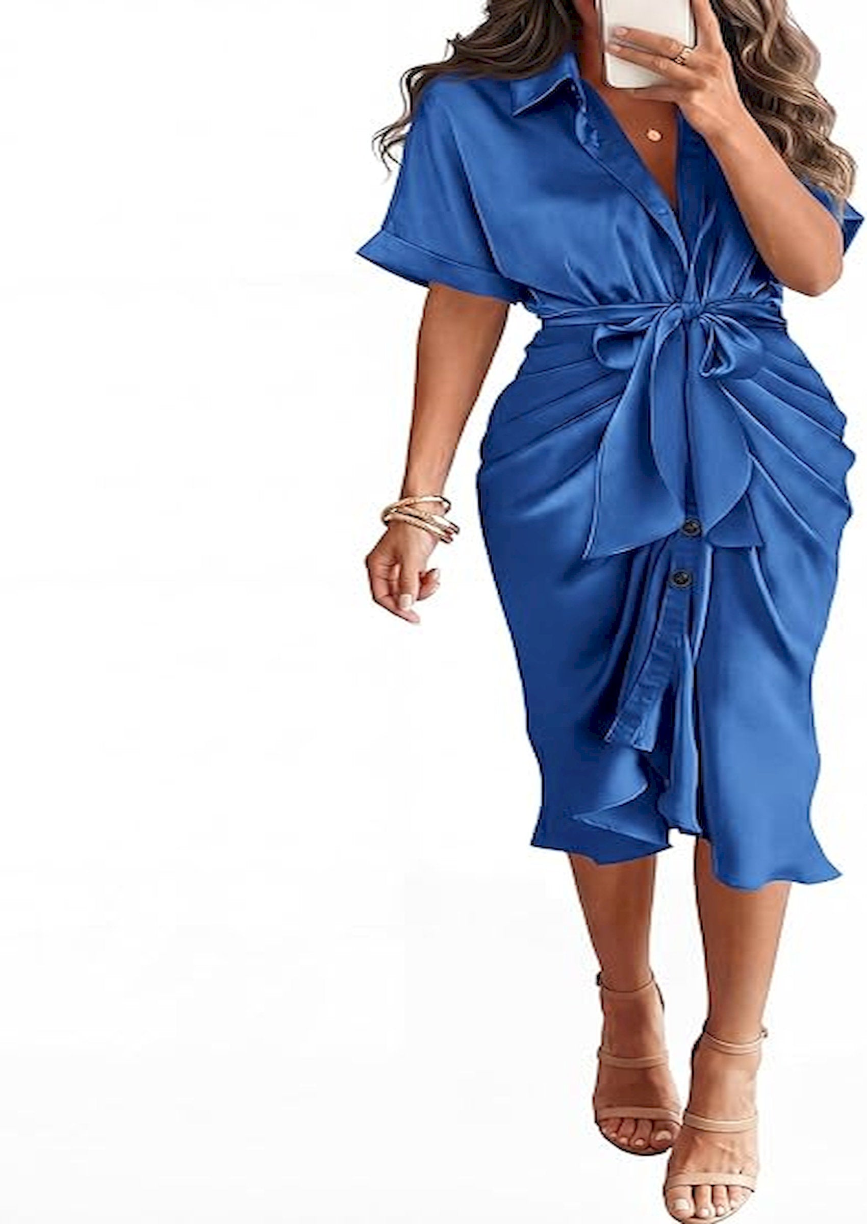BTFBM Dresses for Women Summer Button Short Sleeve Silk Satin Ruched Spring Maxi Dress 2026 Cocktail Party Wedding
