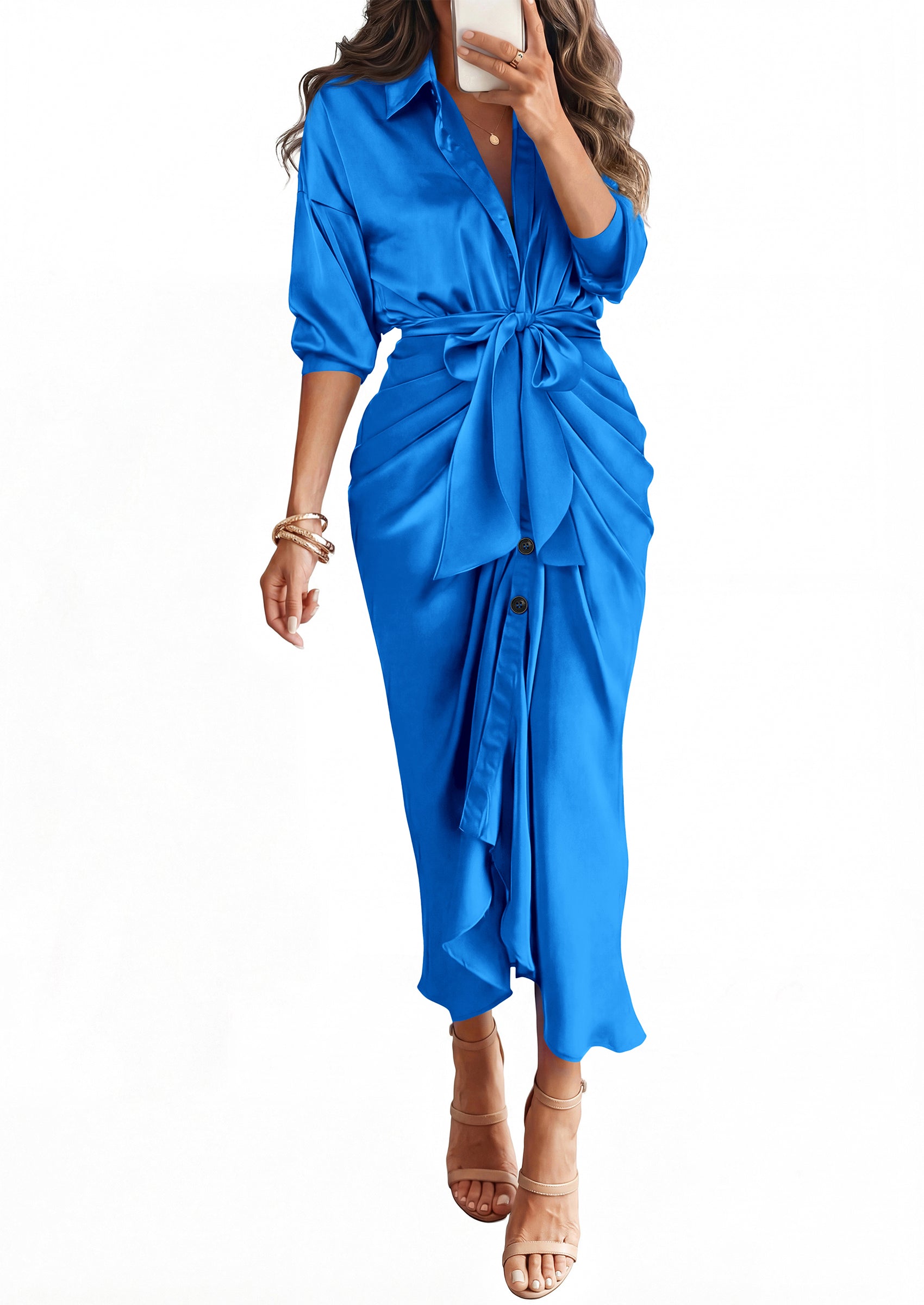 BTFBM Summer Dresses for Women 2026 Long Sleeve V Neck Button Down Elegant Belted Ruched Satin Silk Shirt Fall Dress