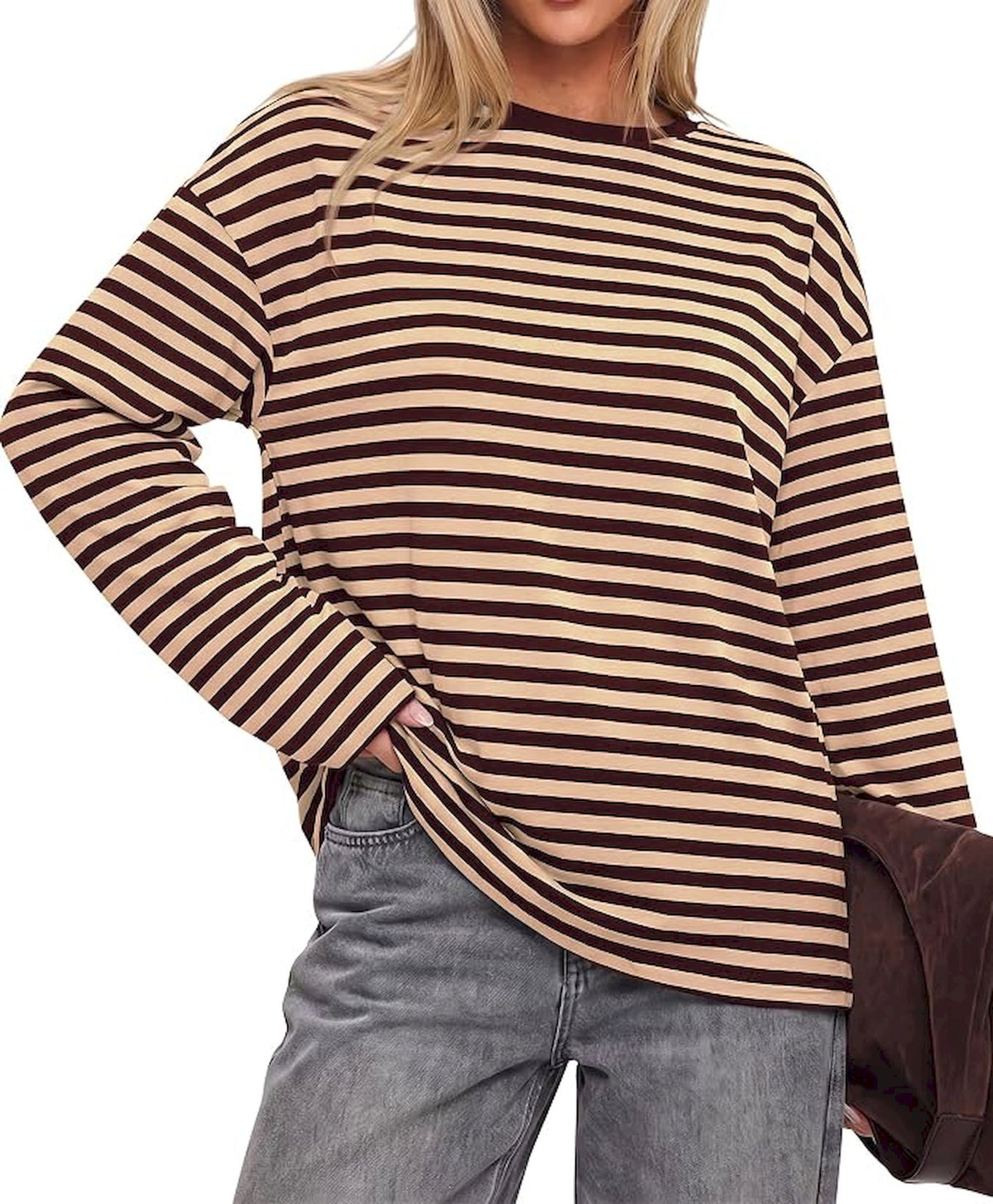 BTFBM Womens Long Sleeve Tops 2026 Fall Fashion | Lightweight, Crew Neck, Oversized Striped Shirt Women, Y2k Clothes, Vacation Travel Outfits, Going Out Top, Winter Layering