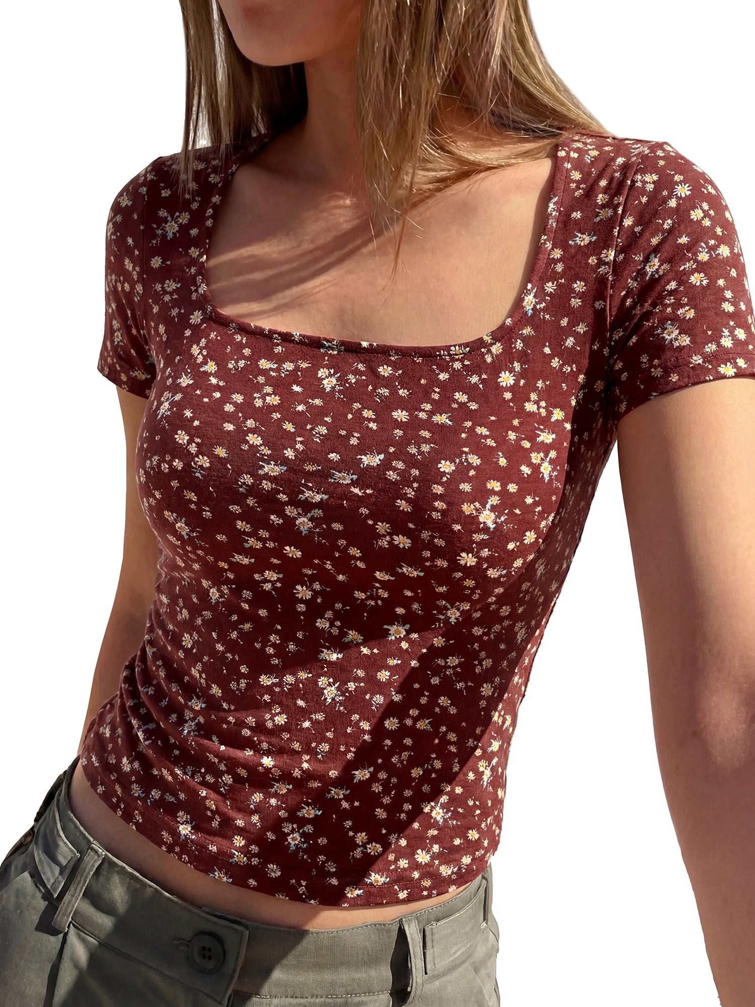 BTFBM Floral Square Neck Tops for Women 2026 Trendy Summer Outfits Short Sleeve Shirts Boho Top Beach Vacation Clothes