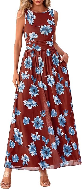 BTFBM Summer Dresses for Women 2026 Floral Maxi Dress Sleeveless Mesh Flowy Long Sundress Beach Vacation Clothes Pockets