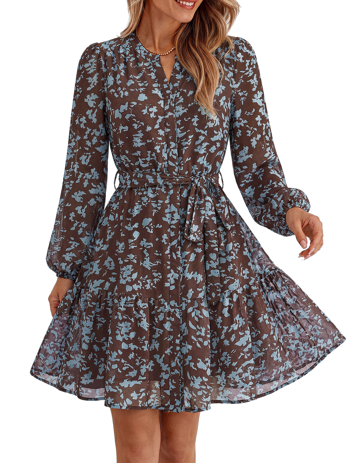 BTFBM Womens Dresses Fall Chiffon Floral V Neck Long Sleeve Mini Dress  | Hidden Button Down, Flowy A Line Boho Casual Dress, Fashion Clothing 2026, Cocktail Party Holiday Wedding Guest Dresses