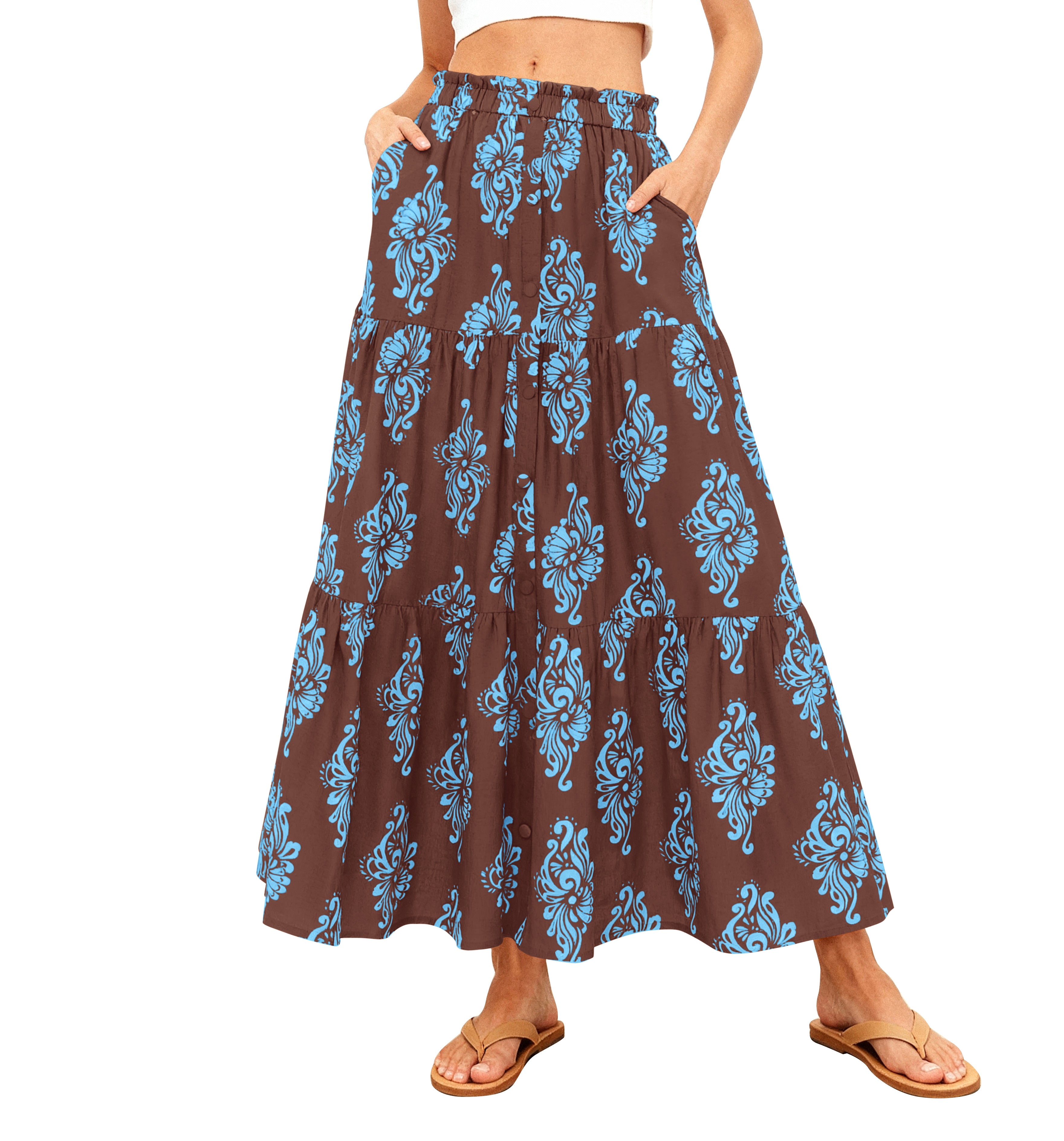 BTFBM Long Skirts for Women Summer 2026 Elastic High Waist Flowy A Line Casual Boho Tiered Floral Maxi Skirt Pockets