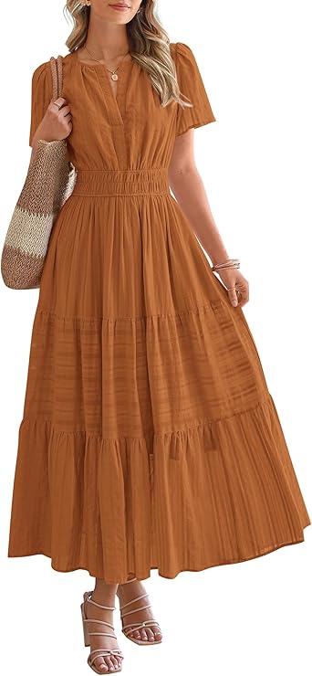 BTFBM Womens Summer 2025 Casual Midi Maxi Dresses Lightweight Short Sleeve V Neck Elastic Waist Boho Beach Dress Pockets