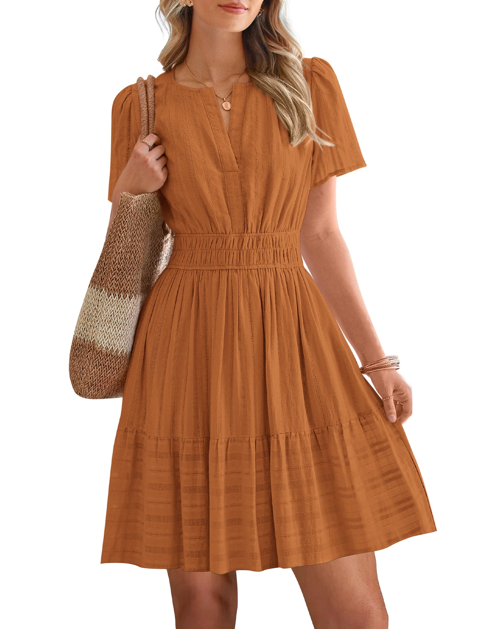 BTFBM Womens Spring 2026 Casual Mini Dresses Lightweight Short Sleeve V Neck Elastic Waist Cute Boho Beach Dress Pockets