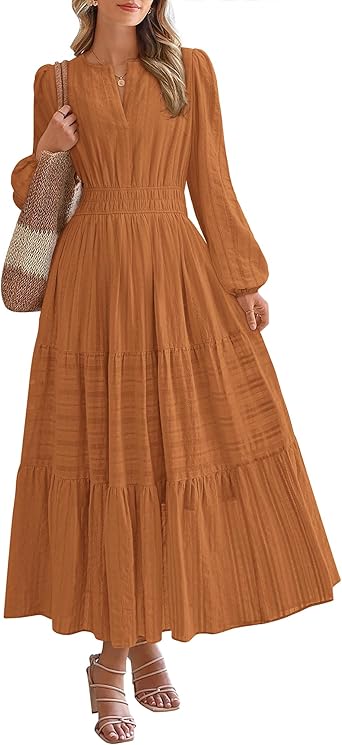 BTFBM Fall Dresses for Women 2025 Casual Long Sleeve V Neck Elastic Waist Lightweight Maxi Wedding Guest Dress Pockets