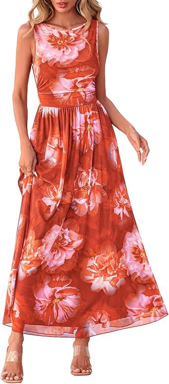 BTFBM Summer Dresses for Women 2026 Floral Maxi Dress Sleeveless Mesh Flowy Long Sundress Beach Vacation Clothes Pockets