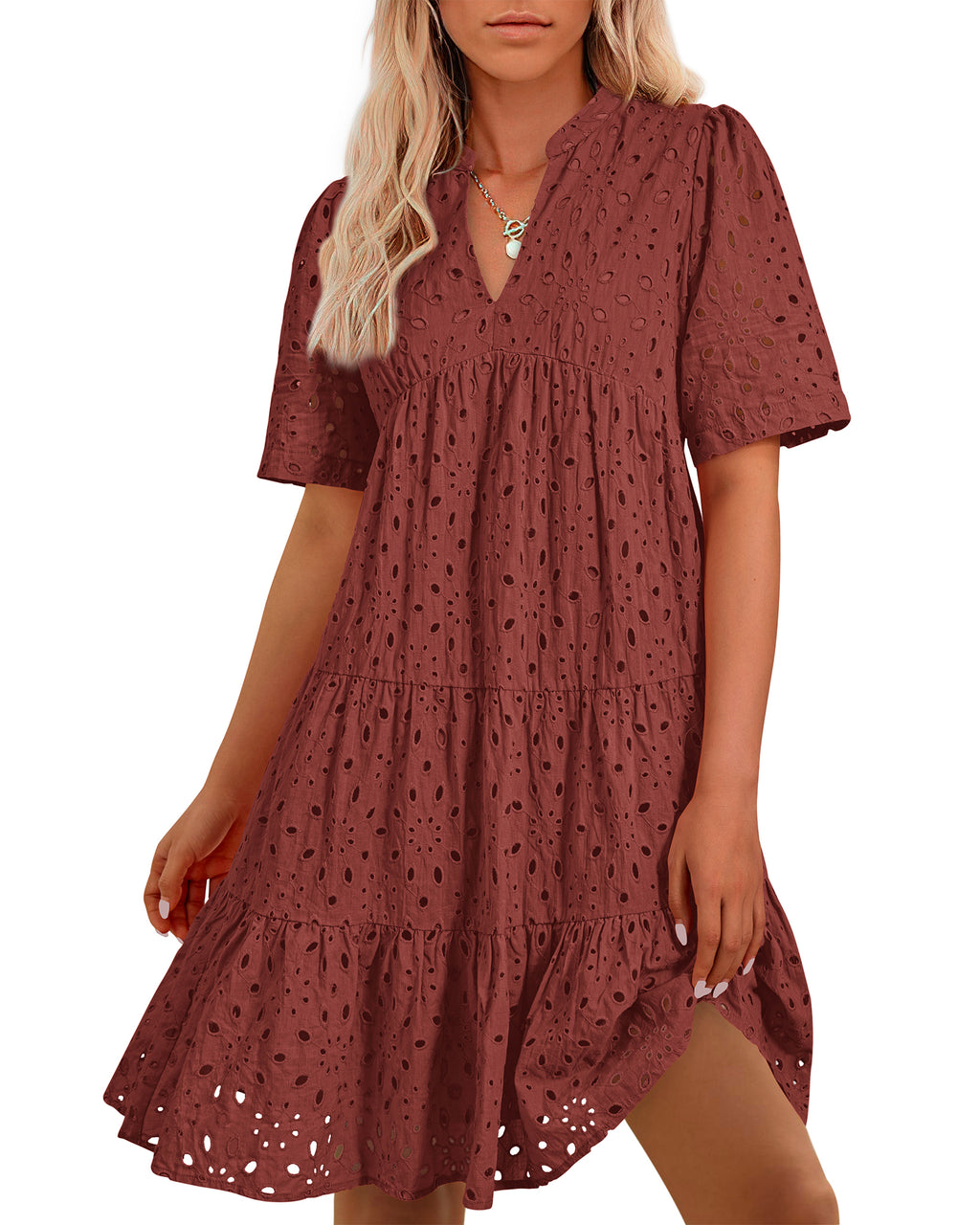 BTFBM Womens Boho Summer Dresses 2026 Spring V Neck Short Sleeve Hollow Out Lace Ruffle Casual Beach Mini Vacation Dress