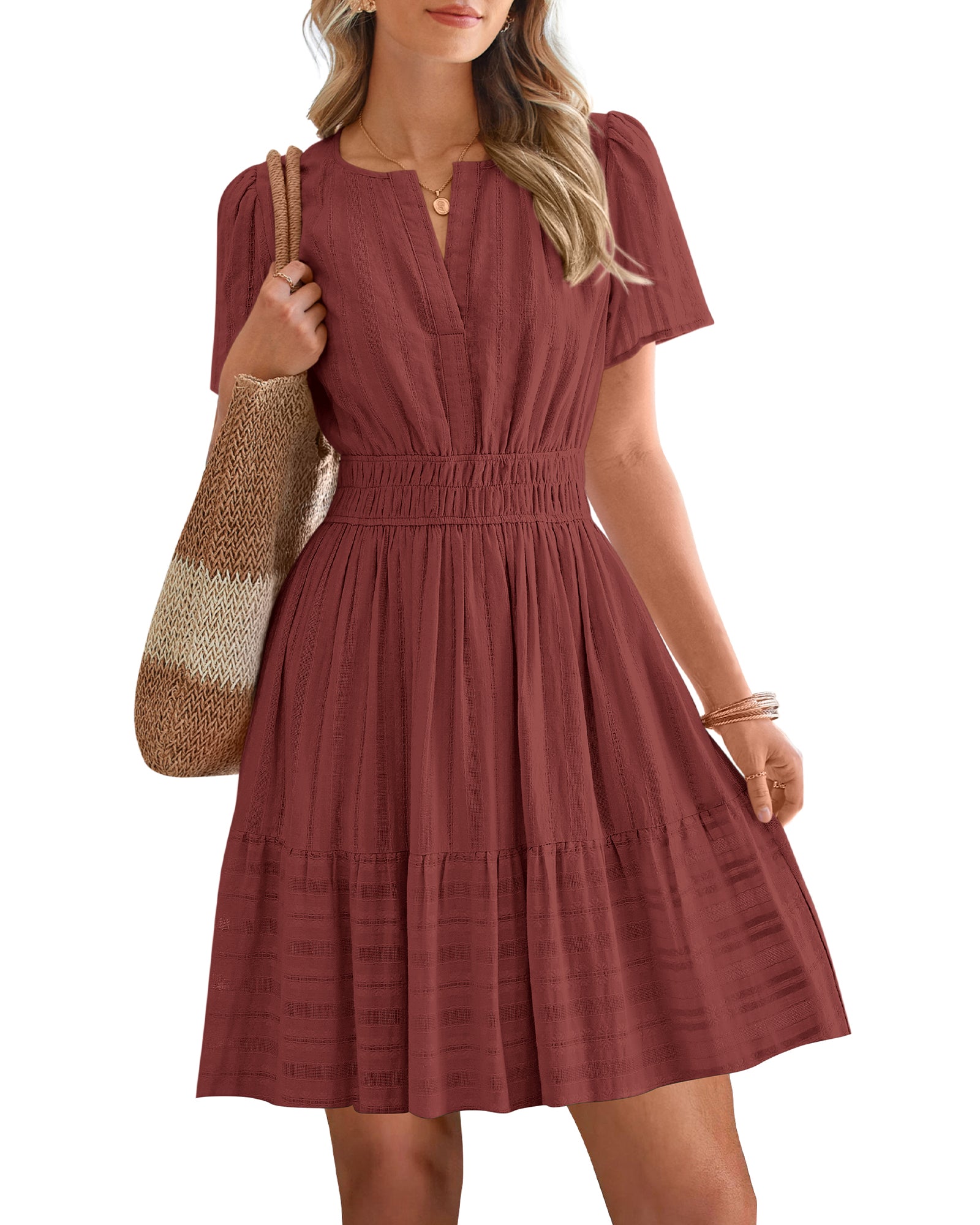 BTFBM Womens Spring 2026 Casual Mini Dresses Lightweight Short Sleeve V Neck Elastic Waist Cute Boho Beach Dress Pockets