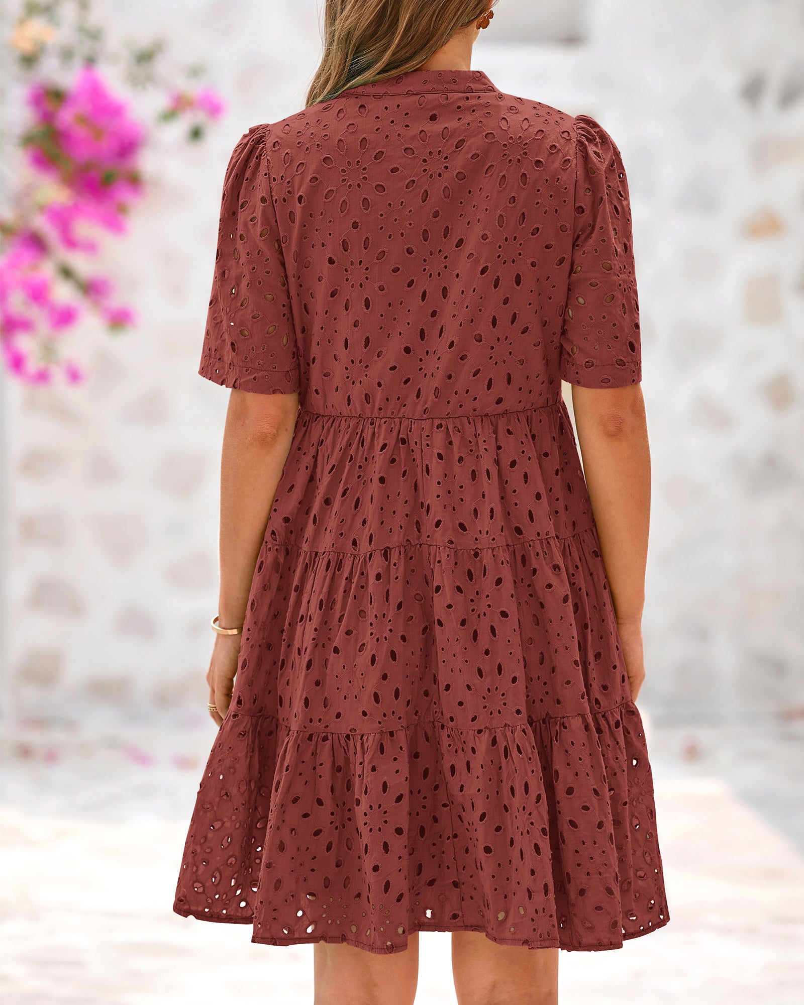 BTFBM Womens Boho Summer Dresses 2026 Spring V Neck Short Sleeve Hollow Out Lace Ruffle Casual Beach Mini Vacation Dress