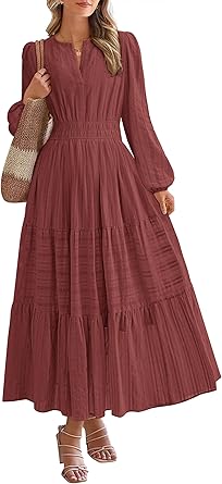 BTFBM Fall Dresses for Women 2025 Casual Long Sleeve V Neck Elastic Waist Lightweight Maxi Wedding Guest Dress Pockets