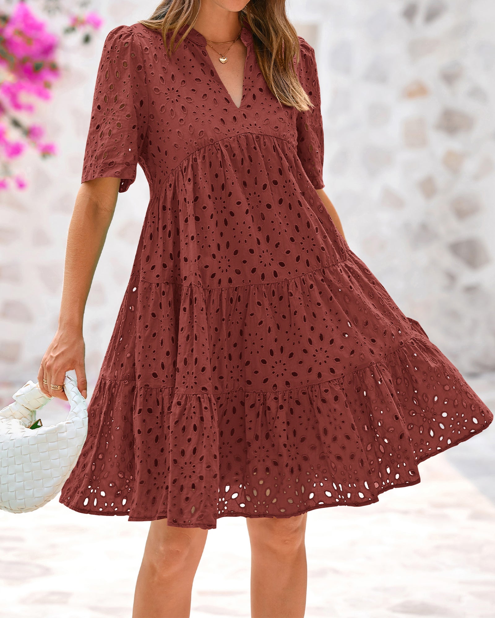 BTFBM Womens Boho Summer Dresses 2026 Spring V Neck Short Sleeve Hollow Out Lace Ruffle Casual Beach Mini Vacation Dress