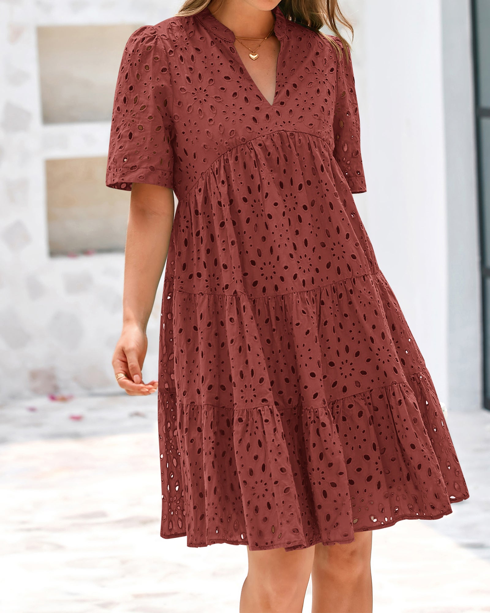 BTFBM Womens Boho Summer Dresses 2026 Spring V Neck Short Sleeve Hollow Out Lace Ruffle Casual Beach Mini Vacation Dress