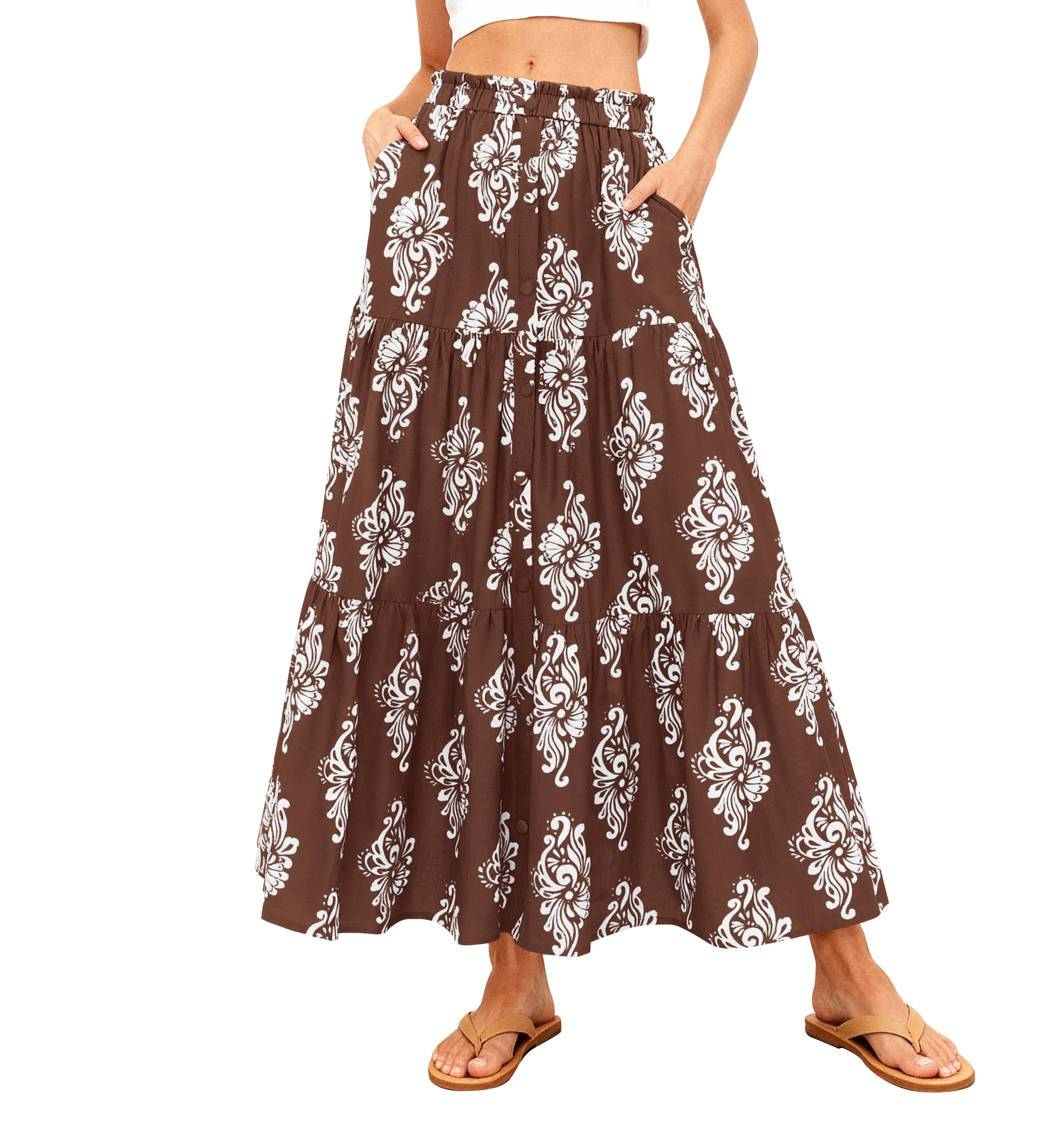 BTFBM Long Skirts for Women Summer 2026 Elastic High Waist Flowy A Line Casual Boho Tiered Floral Maxi Skirt Pockets