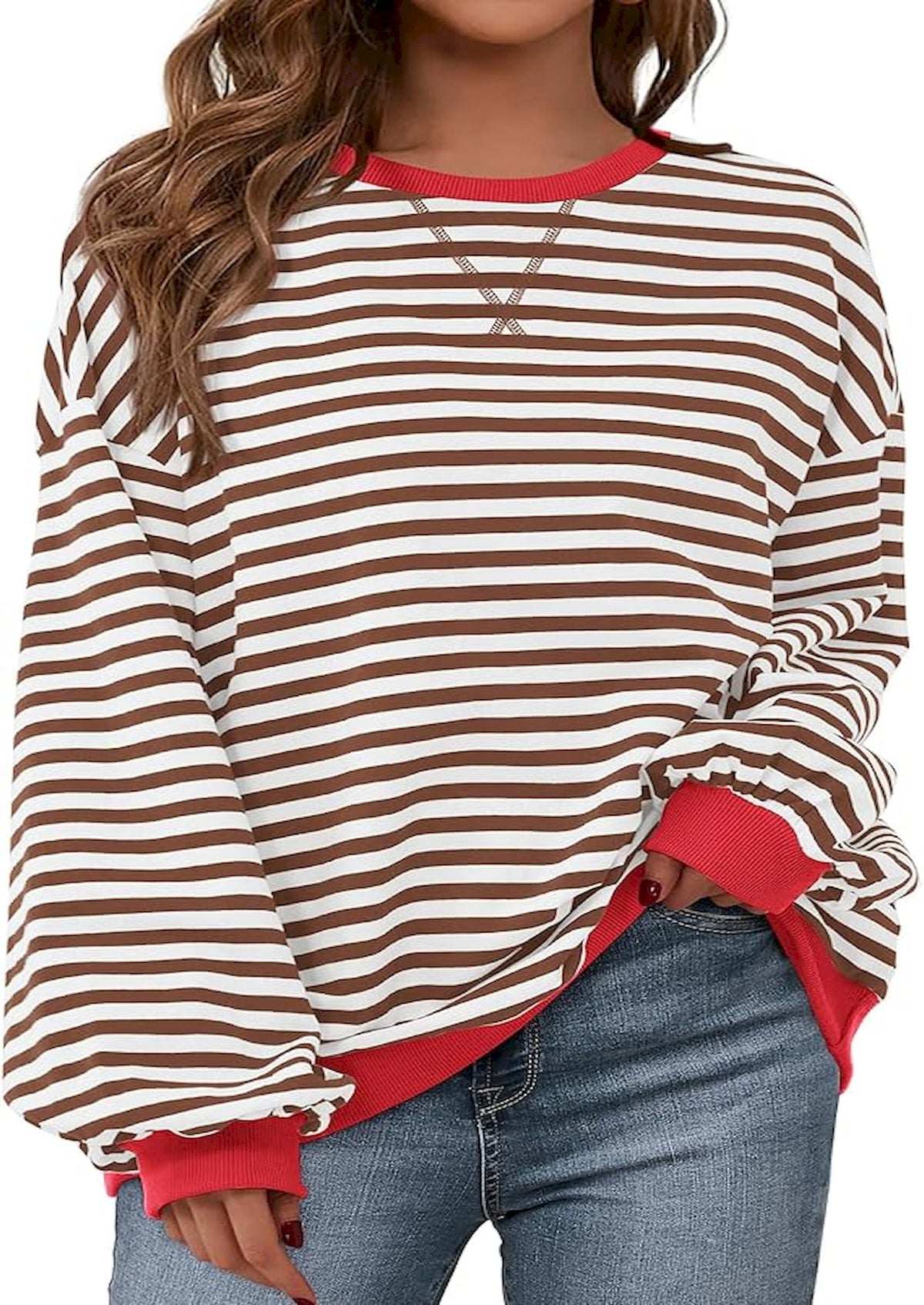 BTFBM Sweatshirt For Women 2026 Summer Crewneck Long Sleeve Oversized Striped Pullover Tops Y2K Clothes Workout Shirt