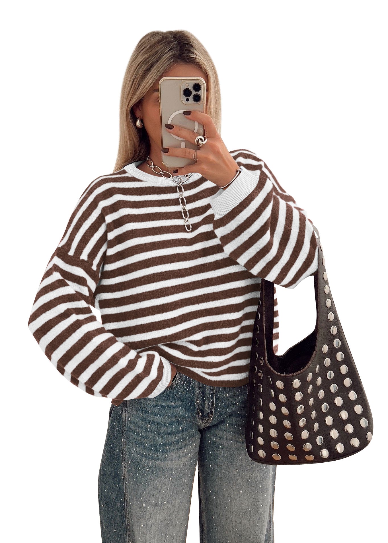 BTFBM Women's Lightweight Oversized Striped Sweater | Soft Knit Cozy Sweaters, Crew Neck Long Sleeve Pullover, y2k Color Block, Casual Holiday Outfits, Winter Fall Clothes 2026