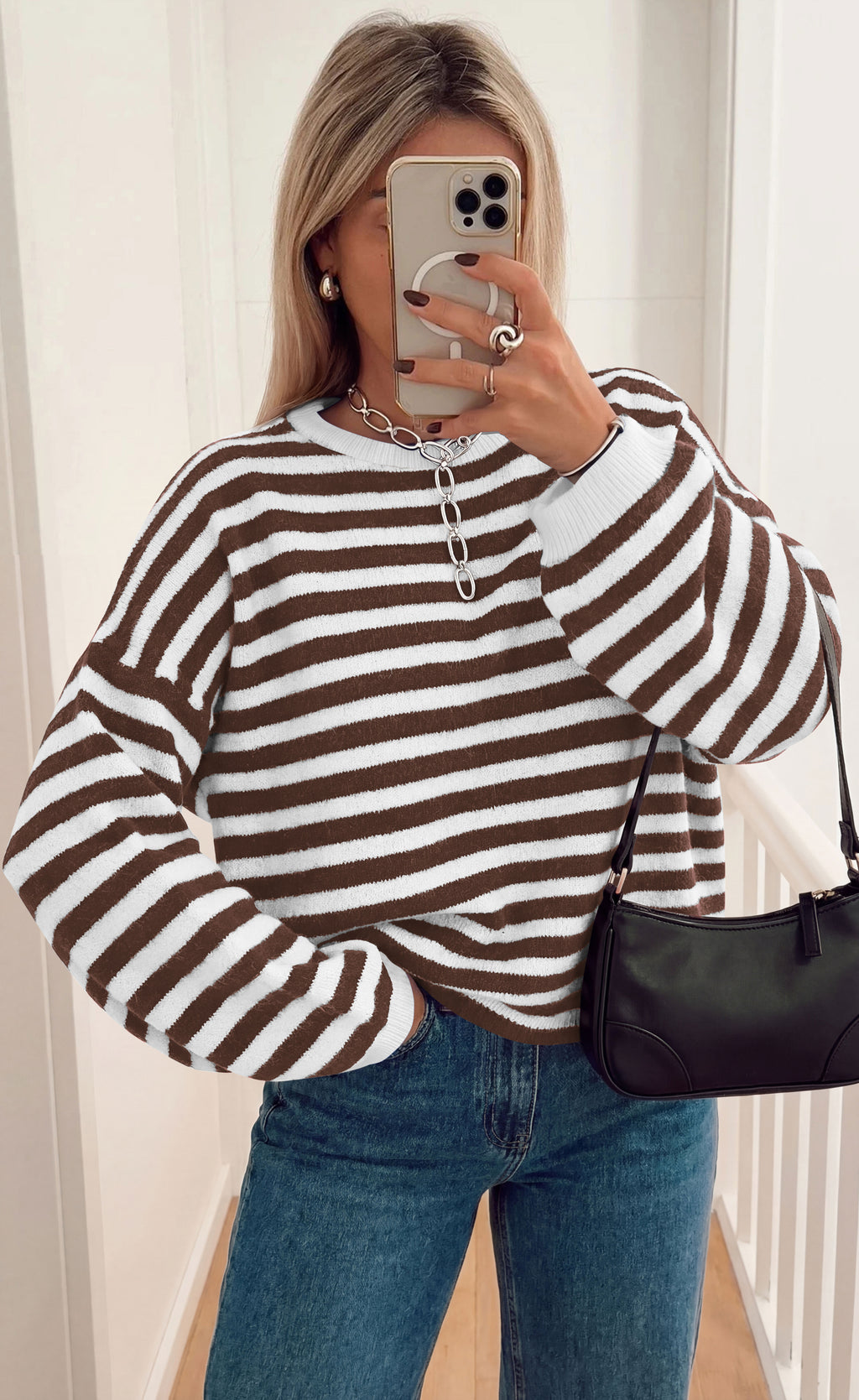 BTFBM Women's Lightweight Oversized Striped Sweater | Soft Knit Cozy Sweaters, Crew Neck Long Sleeve Pullover, y2k Color Block, Casual Holiday Outfits, Winter Fall Clothes 2026