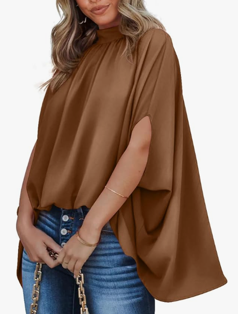 BTFBM Womens Summer Tops 2026 Mock Neck Batwing Sleeve Silk Satin Shirts Loose Oversized Dressy Casual Spring Blouses