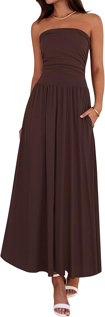 BTFBM Summer Maxi Dresses for Women 2026 Strapless Ruched Tube Top Beach Vacation Spring Wedding Guest Dress Pockets