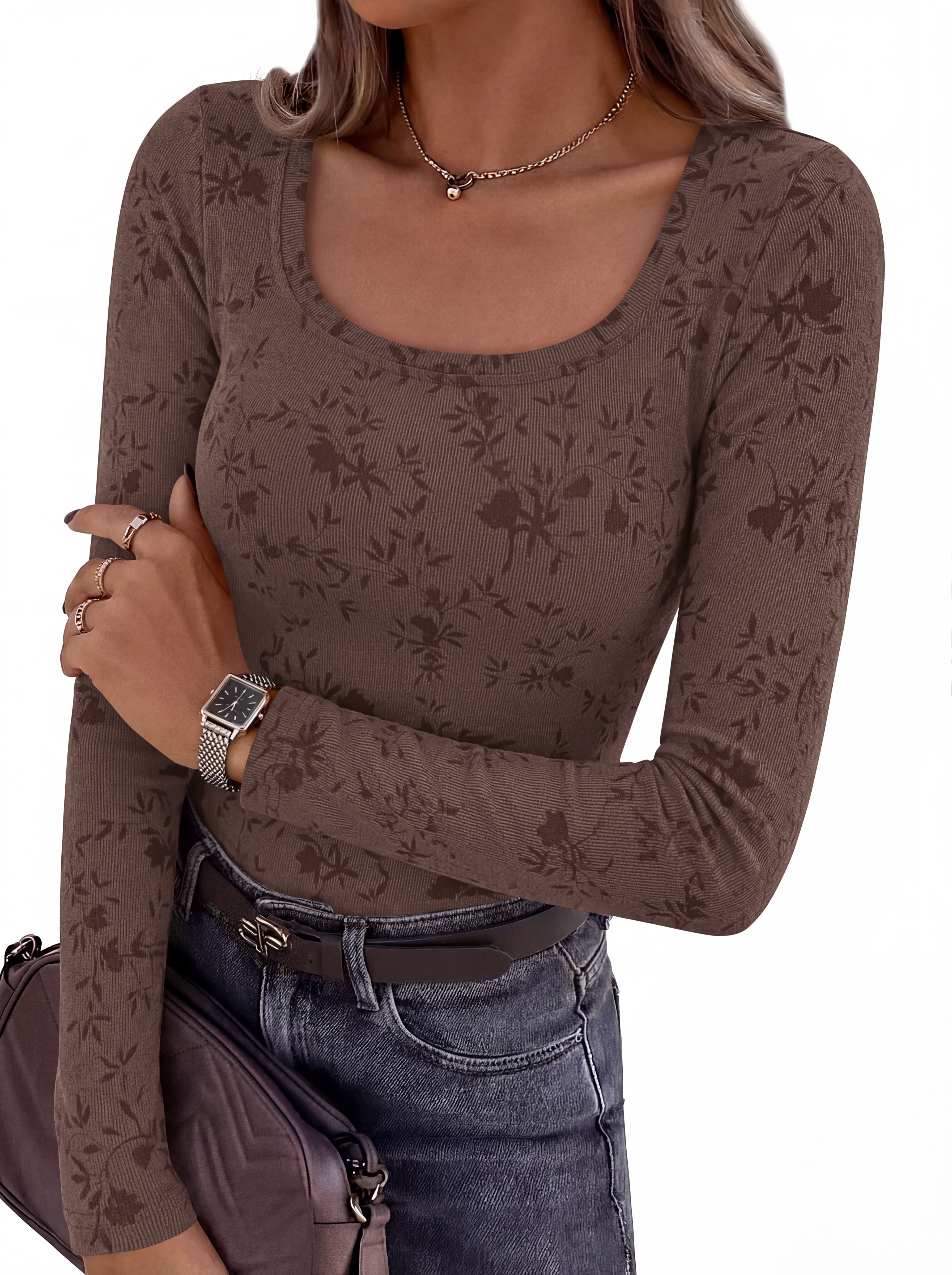 BTFBM Women's Long Sleeve Scoop Neck Shirts Floral Tops | Casual Women Fall Clothes, Ribbed Slim Fitted T-Shirts, y2k Fashion Clothing, Concert Going Out Top, Club Date Night Outfits