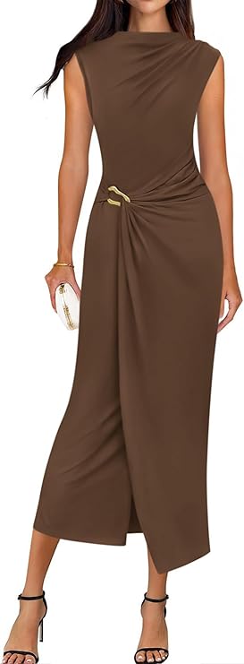 BTFBM Dresses for Women 2026 Summer Clothes Formal Bodycon Mock Neck Cap Sleeve Midi Party Cocktail Wedding Guest Dress