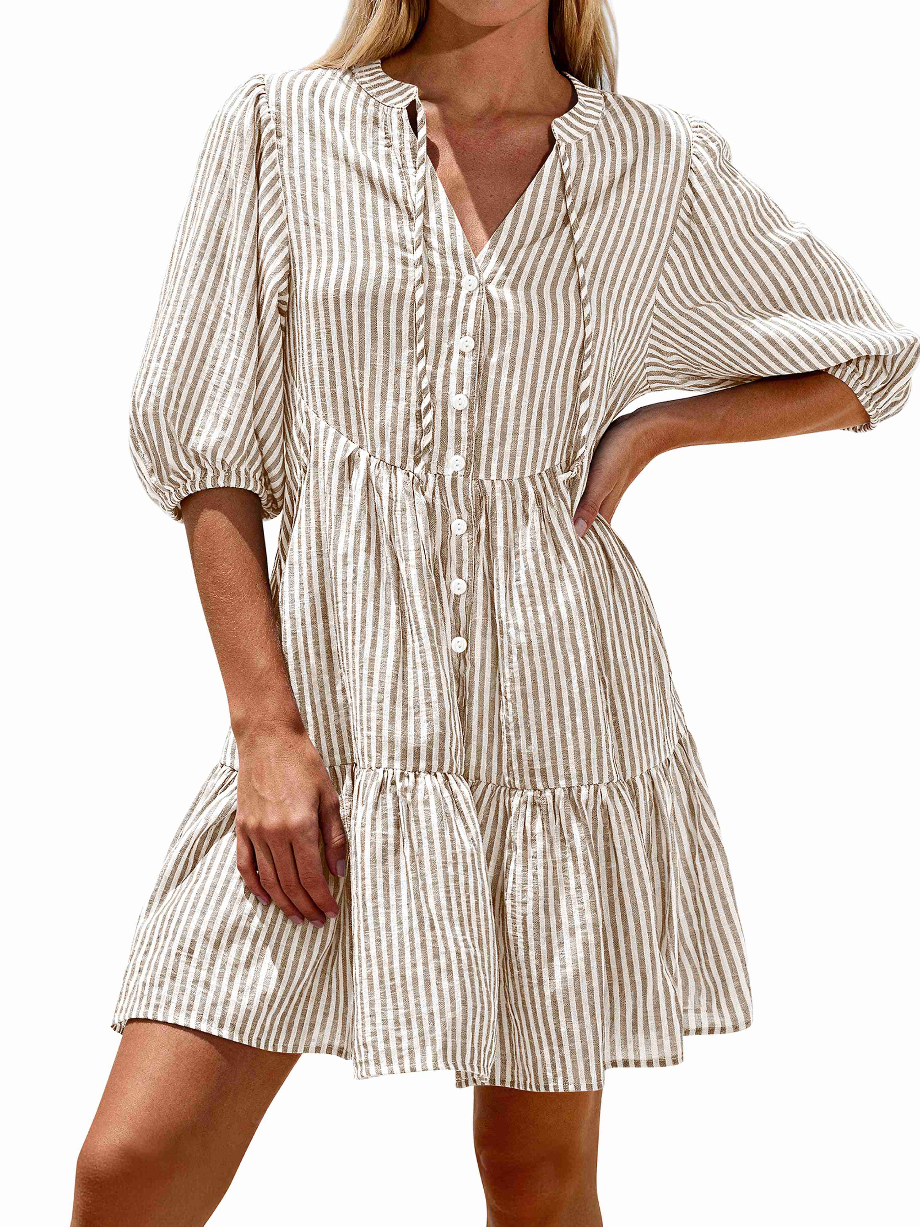 BTFBM Women Summer Dresses 2026 Striped Mini Dress Half Sleeve Button Down Tiered Flowy Beach Vacation Outfits Pockets