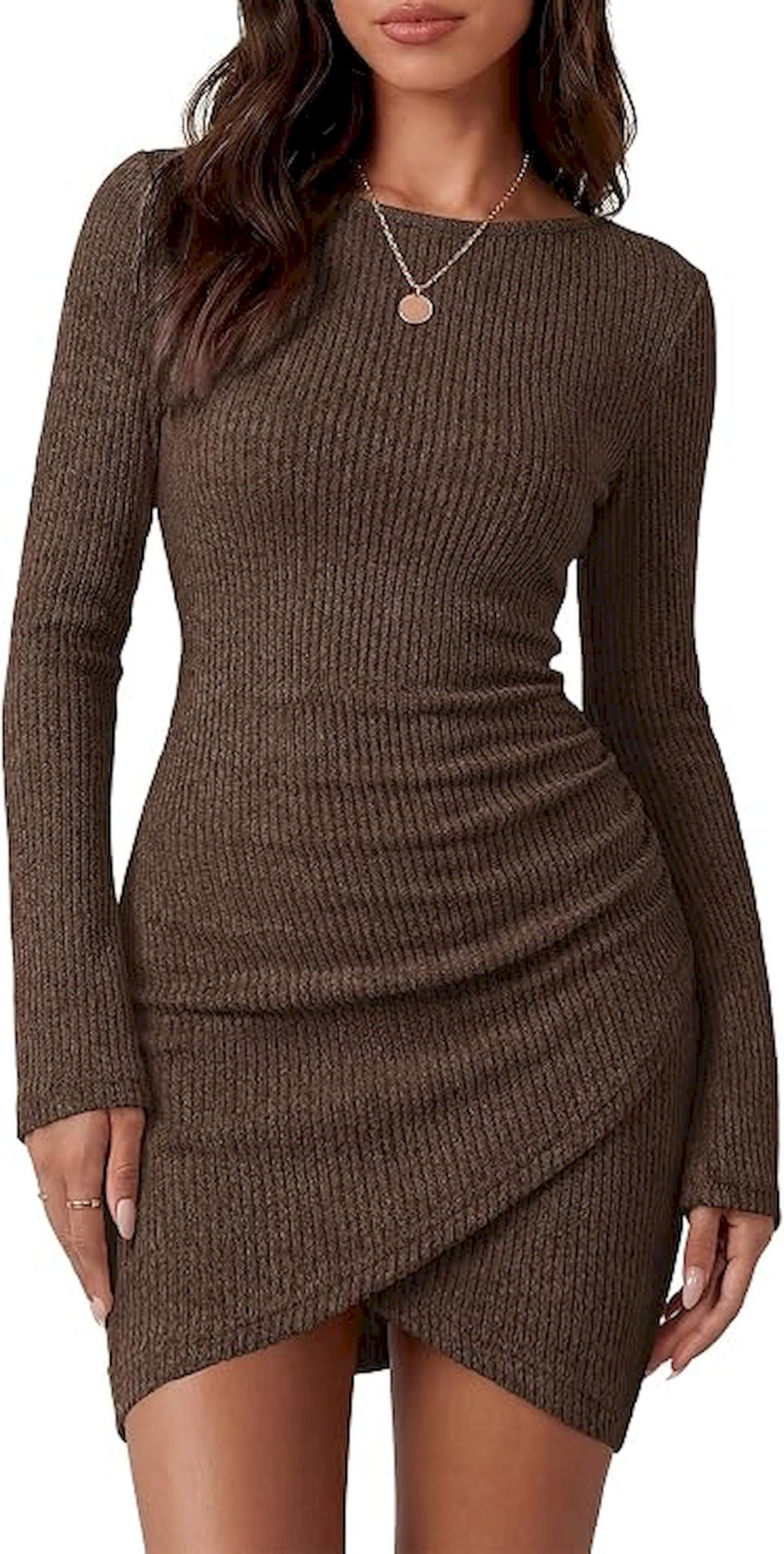 BTFBM Womens Long Sleeve Bodycon Mini Dress | Ruched,Ribbed,Crew Neck,Homecoming Cocktail Dresses,Fall Winter Clothing 2026