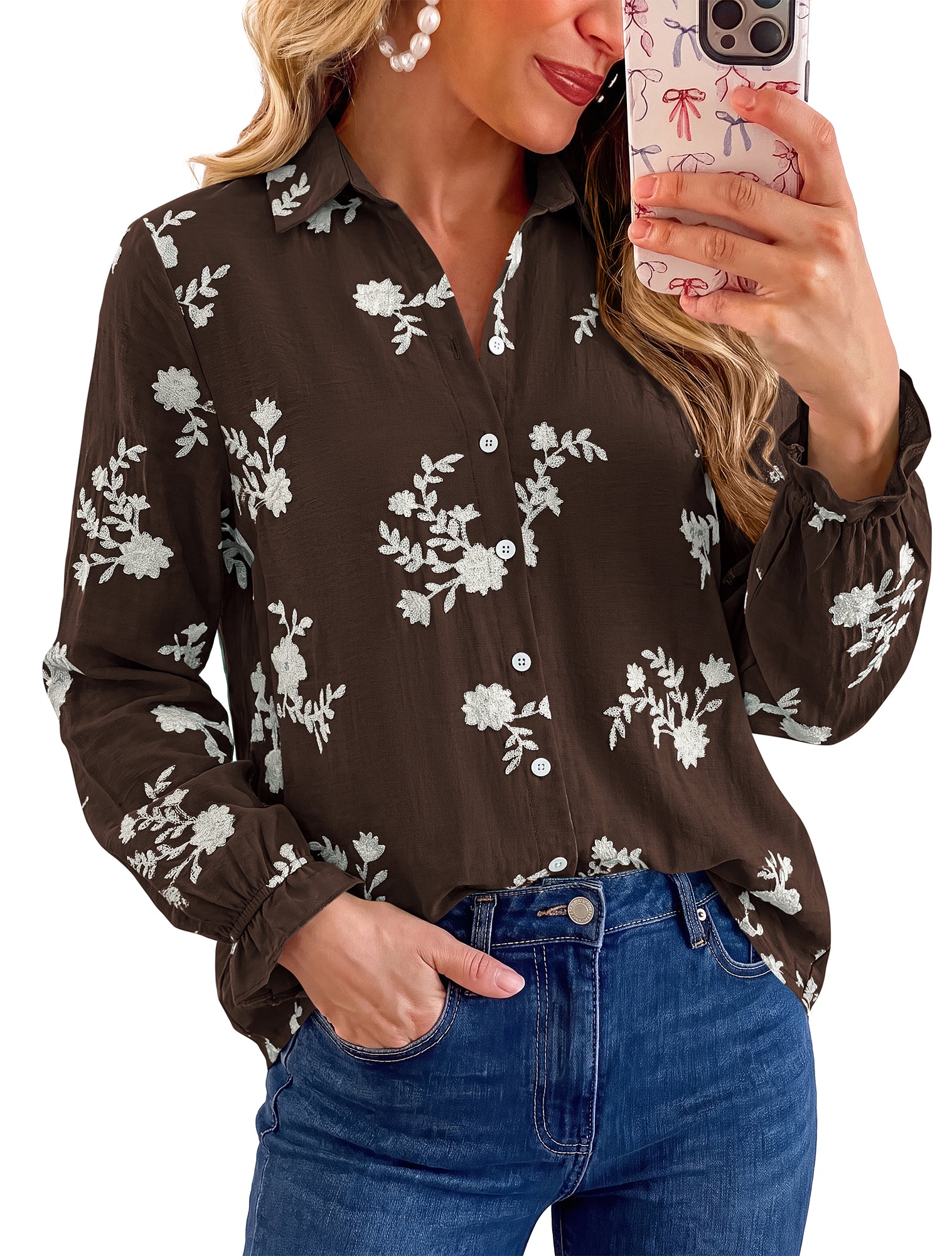 BTFBM Boho Floral Embroidered Long Sleeve Blouses for Women Dressy Casual