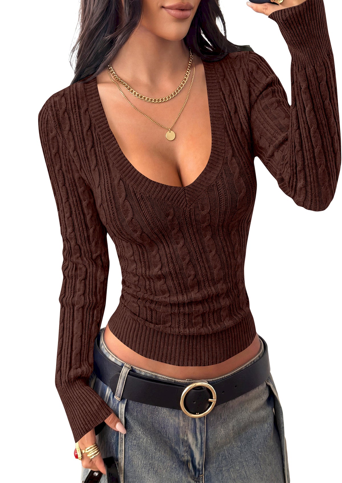 BTFBM Womens Sweaters Cable Knit V Neck Long Sleeve Tops | Lightweight Ribbed Fitted Pullover,Y2K Going Out Top,Basic Tunic Daily Wear Fall 2026,Dressy Work Business Casual Outfits