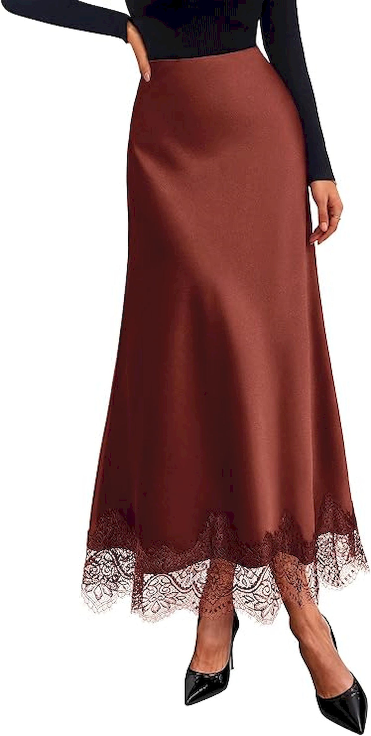 BTFBM Lace Trim Satin Skirts for Women Elegant | High Waisted,Maxi Skirt,Cocktail Party Wedding Guest,Summer Fall Outfits