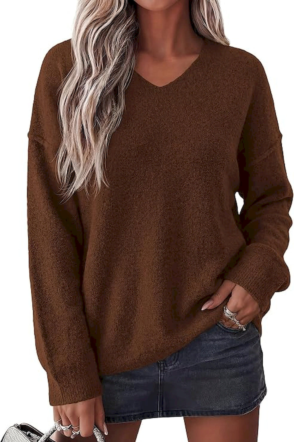 BTFBM Women's Loose Knitted Casual Sweaters | V Neck,Long Sleeve Sweater,Slouchy Pullover Tops,Fall Winter Clothes 2026