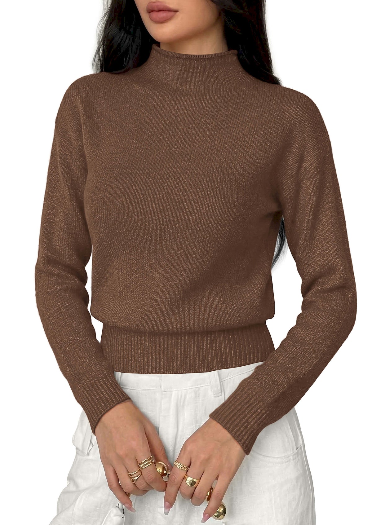 BTFBM Women’s Long Sleeve Sweaters Mock Neck Business Casual Lightweight Sweater Tops 2026 Fall Fashion Clothing