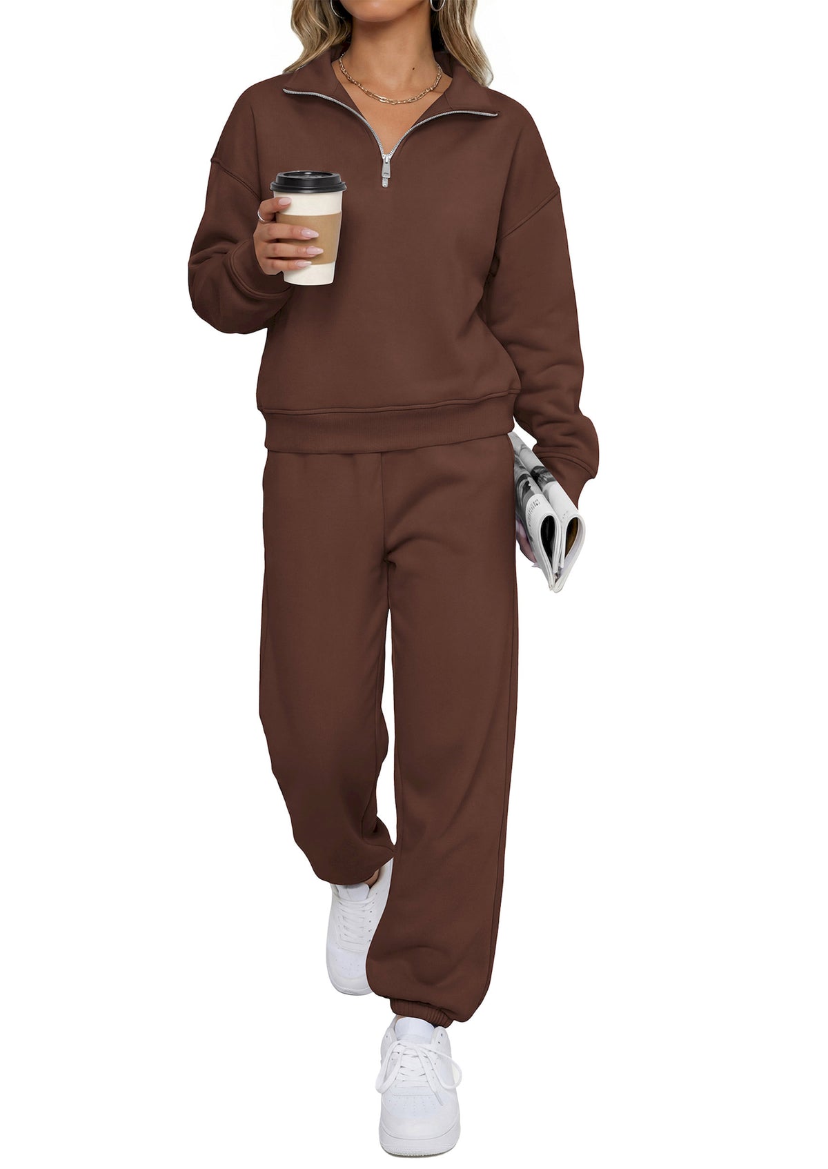 BTFBM Womens 2 Piece Outfits Sweatsuit Fleece Lounge Sets  | Quarter Zip Pullover Sweatshirt,Baggy Jogger Sweatpants,2026 Fall Fashion Clothing,Airport Travel Matching Sweat Set