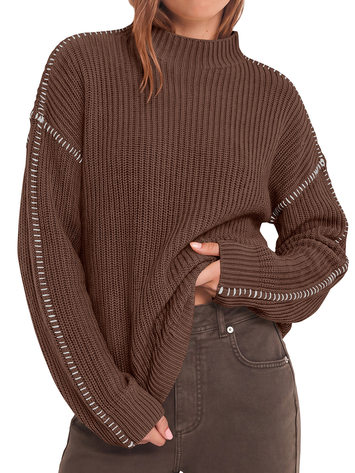 BTFBM Womens Oversized Sweaters Contrast Chunky Knit Sweater  Loose Fit Mock Neck Long Sleeve Tops, Soft Cozy Knitwear, Fall Fashion 2026, Casual Winter Clothing, Daily Going Out Outfits