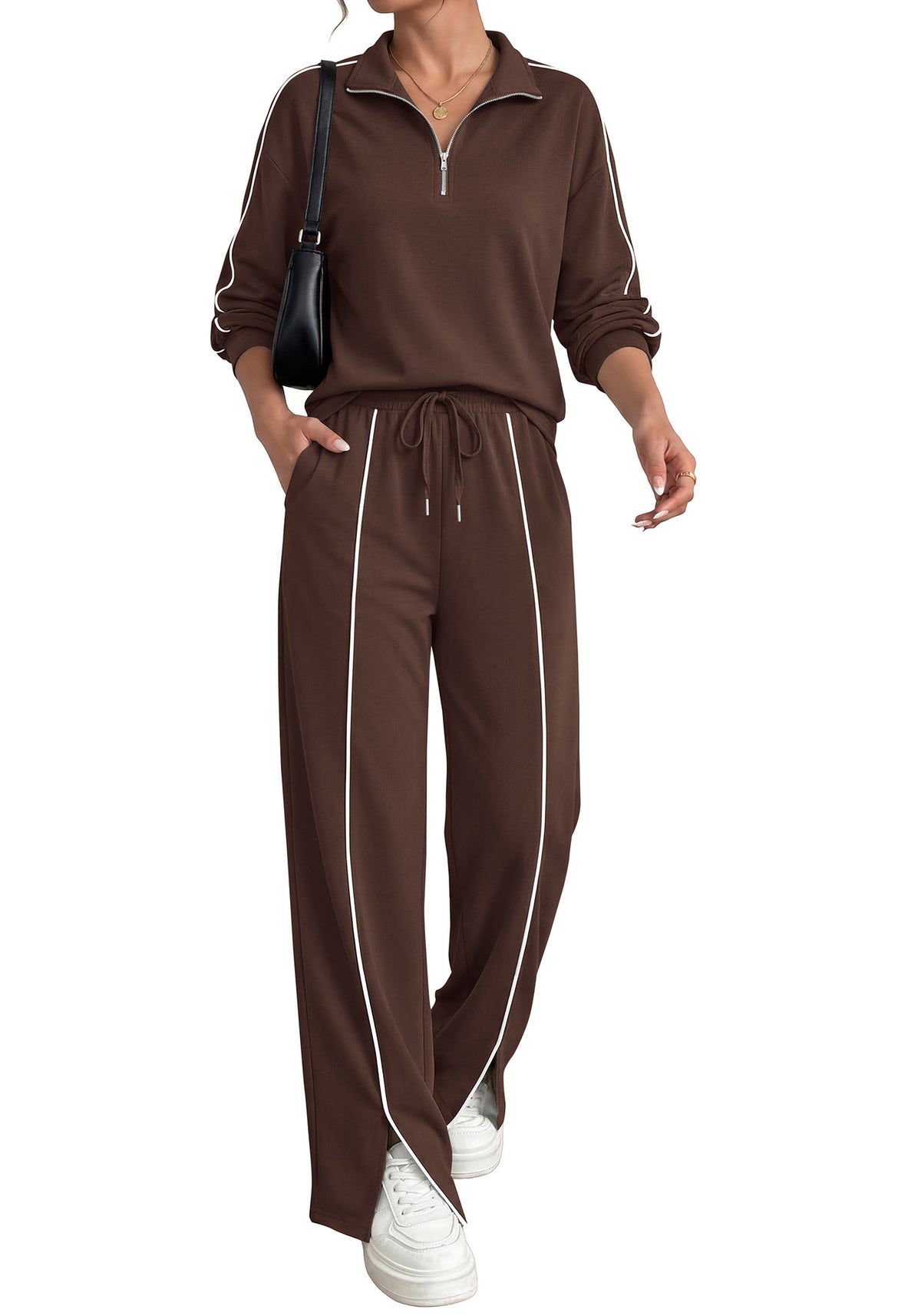 BTFBM Two Piece Sets for Women Fall Fashion 2026 Long Sleeve Half Zip Lounge Set Wide Leg Pants Vacation Airport Outfits