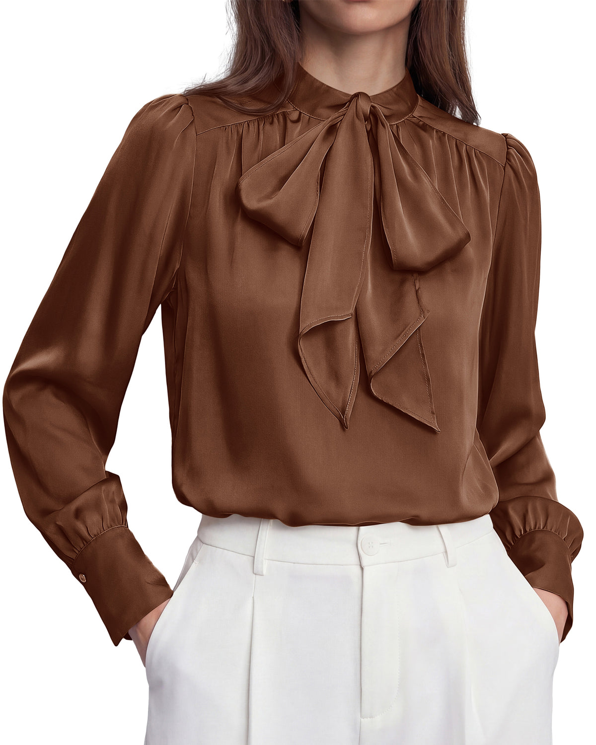BTFBM Women Satin Blouses Bow Tie Work Business Casual Tops | Ruched Button Cuff Long Sleeve Top, Dressy Silk Blouse, Elegant Daily Professional Office Clothes, Early Fall Fashion 2026