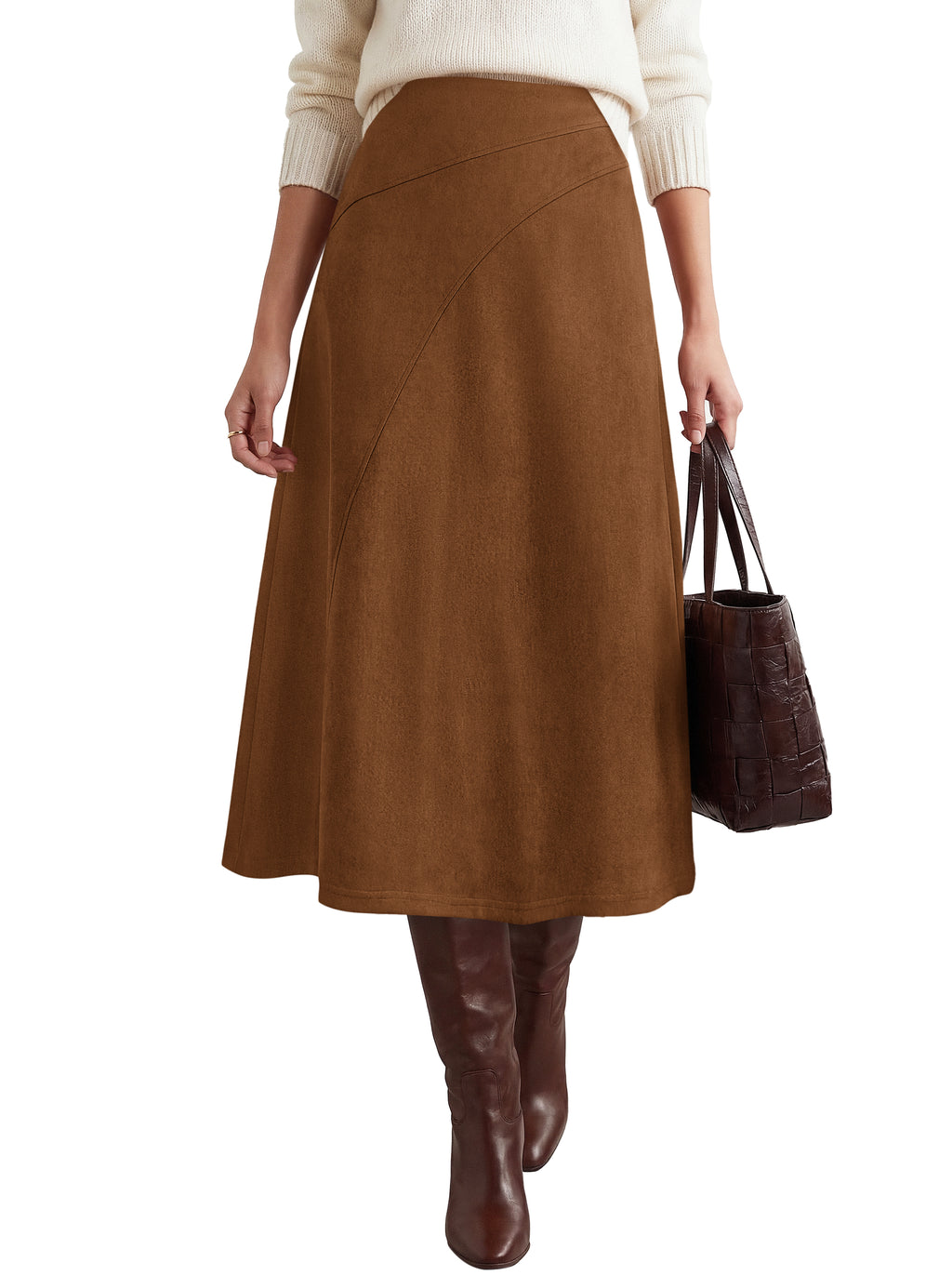 BTFBM Women Faux Suede Midi Long Skirt Fall Fashion 2026 | High Waisted Skirts For Women Trendy, Lightweight, Back Elastic, Arc Line Design, A-Line, Winter Dress, Boho Western Outfits