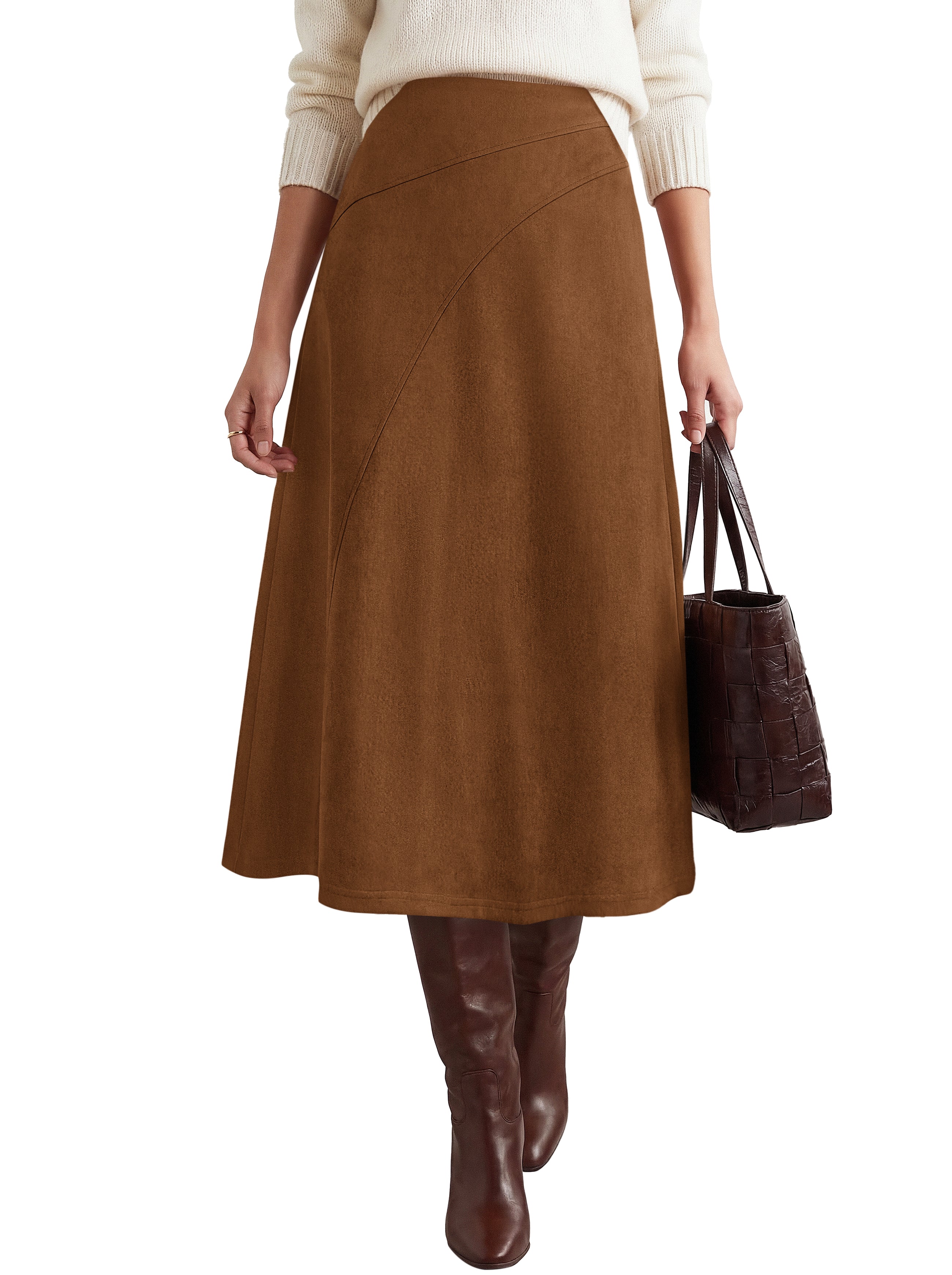 BTFBM Women Faux Suede Midi Long Skirt Fall Fashion 2026 | High Waisted Skirts For Women Trendy, Lightweight, Back Elastic, Arc Line Design, A-Line, Winter Dress, Boho Western Outfits