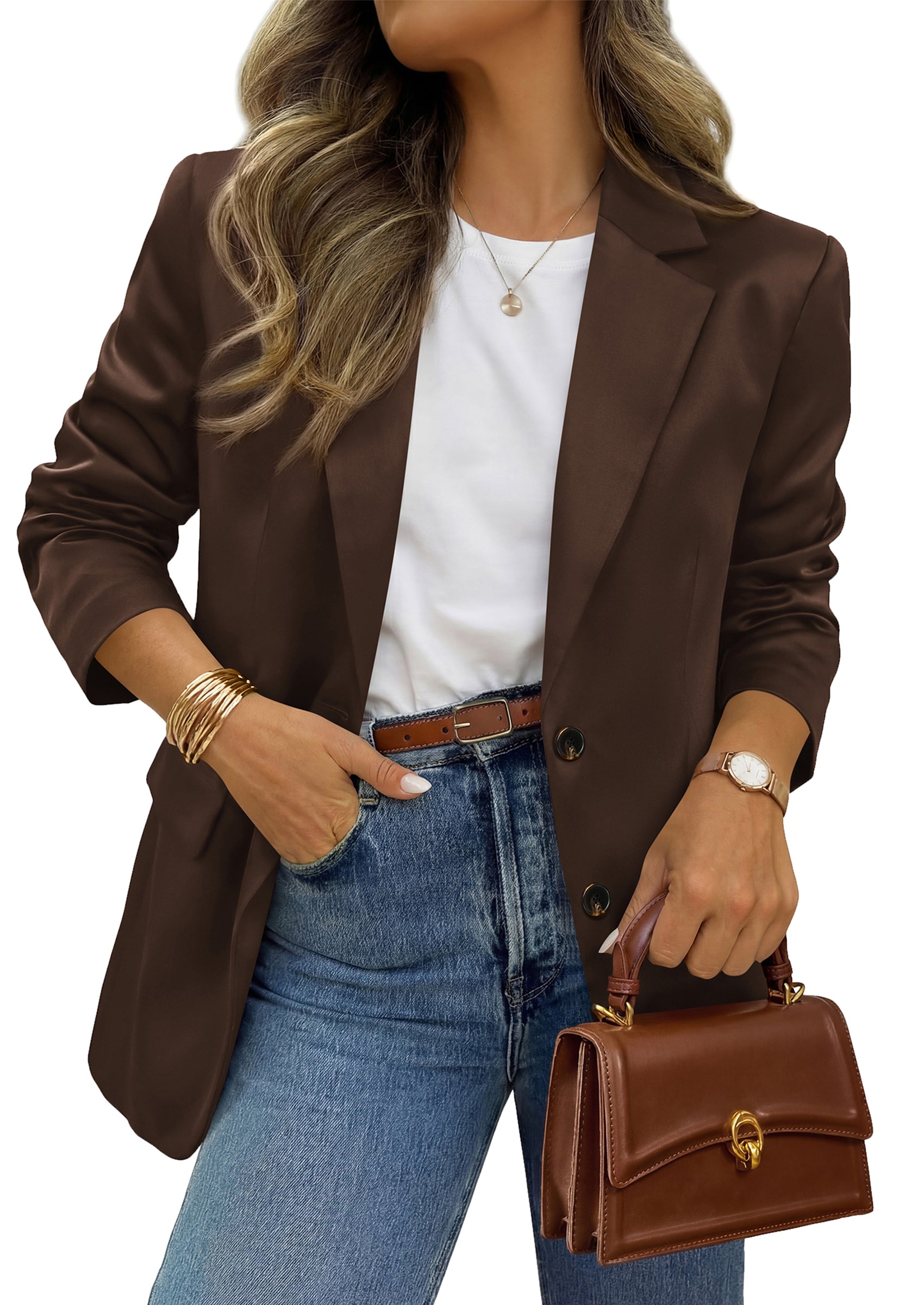 BTFBM Satin Long Sleeve Blazers for Women 2026 Work Office Suit Jackets with Pockets,Business Casual Outfits,Fall Winter