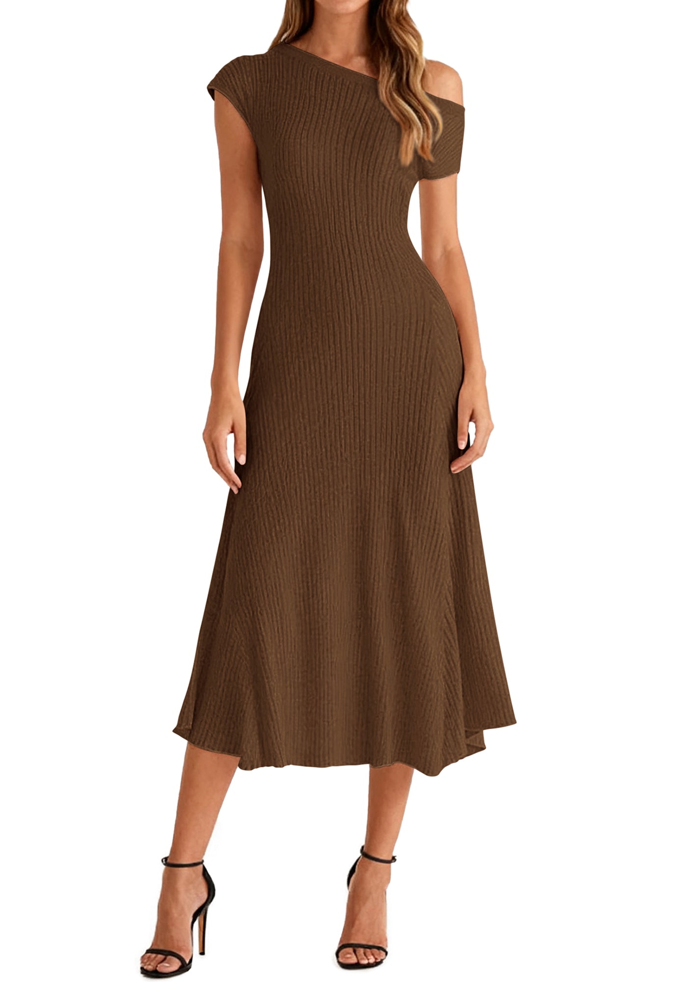 BTFBM Womens Spring Dresses 2026 Asymmetrical Neck Short Sleeve Pleated Swing Knit Midi Dress Business Casual
