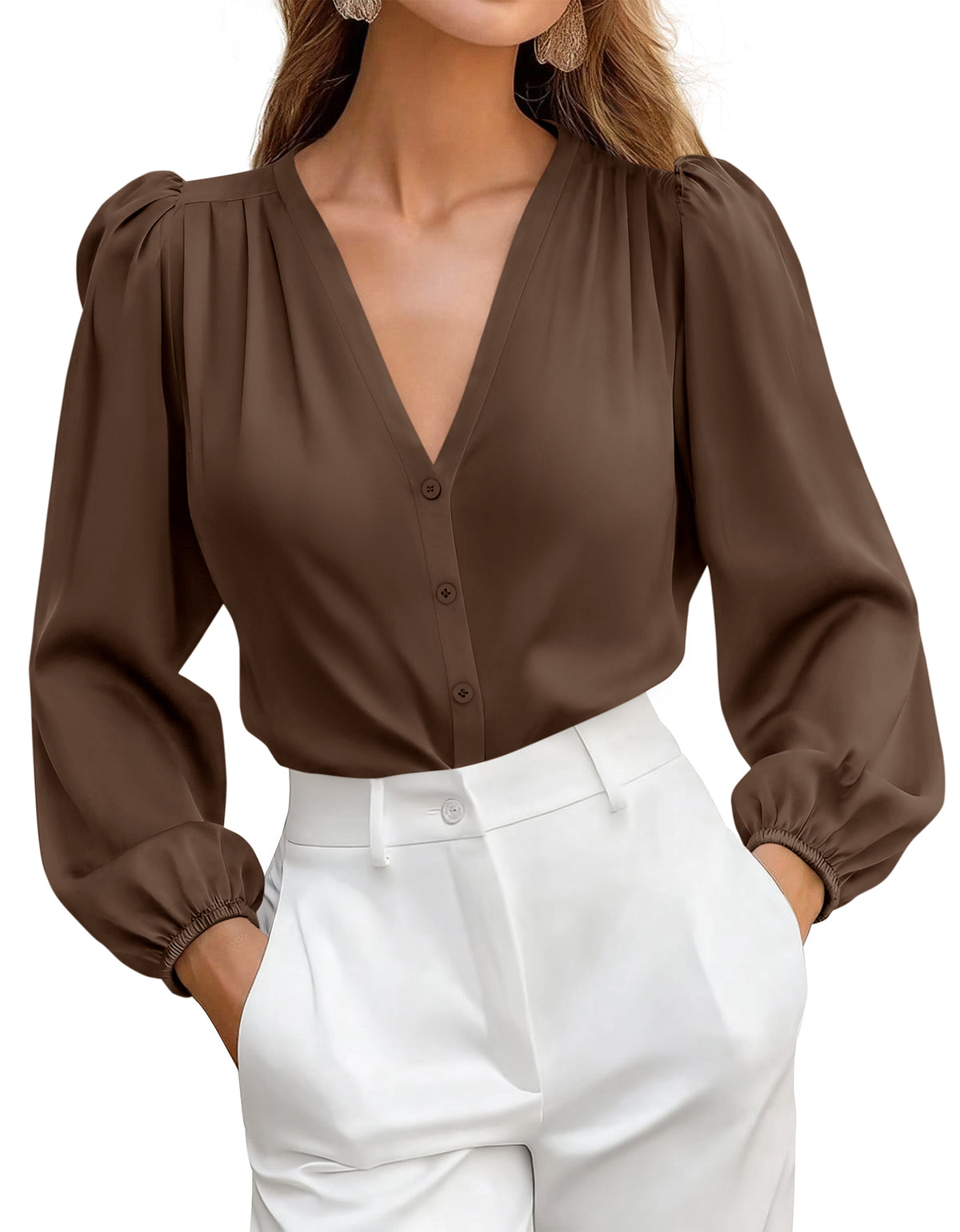 BTFBM Satin Blouses for Women Dressy Casual Button Down Shirts | Lightweight Silk Formal Tops, V Neck Lantern Long Sleeve Shirt, Office Work Business Casual Outfits, Fall Clothes 2026 Trendy