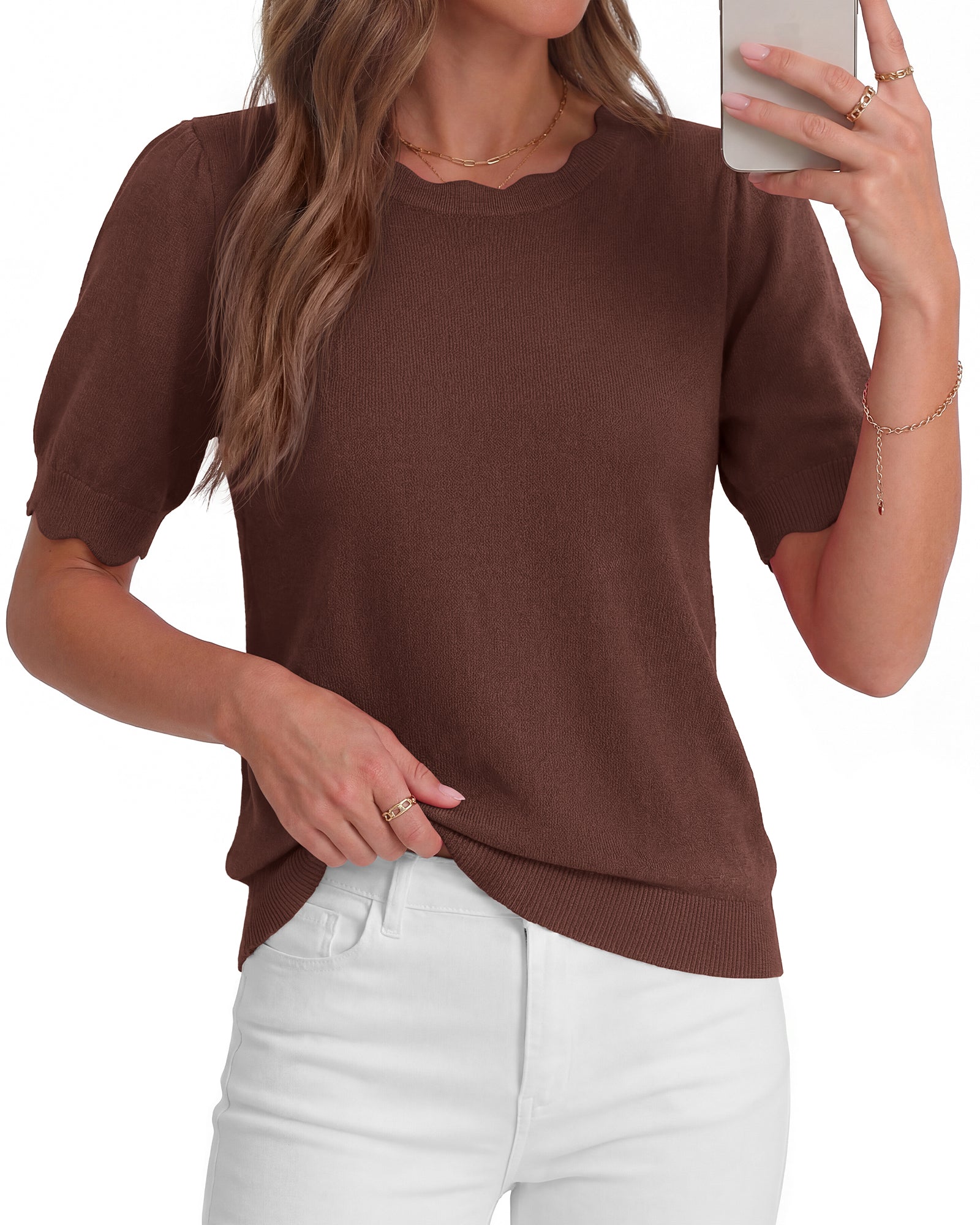 BTFBM Short Sleeve Sweater For Women 2026 Spring Summer Knit Basic Tops Lightweight Business Casual Vacation Outfits