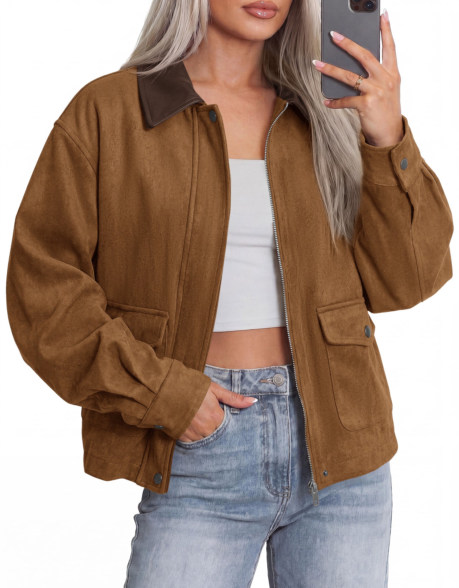 BTFBM Faux Suede Jacket Women Leather Lapel Zip Up Fall Outfits 2026
