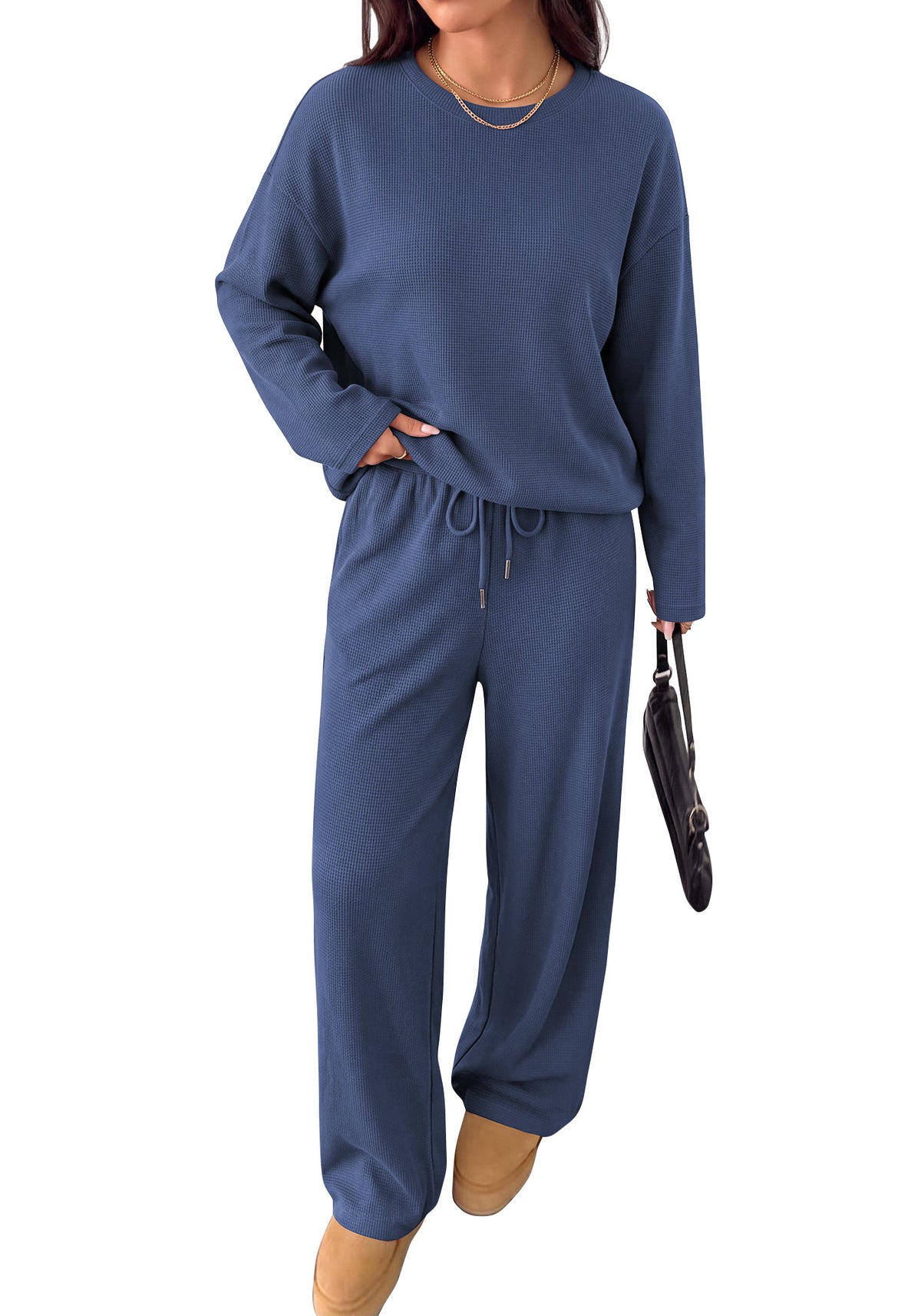 BTFBM 2 Piece Set Lounge Sets Fall Outfits For Women 2026  Casual,Long Sleeve,Solid,Drawstring,Wide Leg,Waffle Knit,Loose Fit,Tracksuit,Airport Outfits,2 Piece Outfit,Vacation