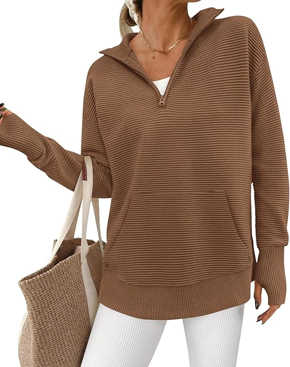 BTFBM Sweaters for Women Fall Clothes 2026 Pocket Quarter Zip Pullover V Neck Long Sleeve Knit Trendy Winter Sweater