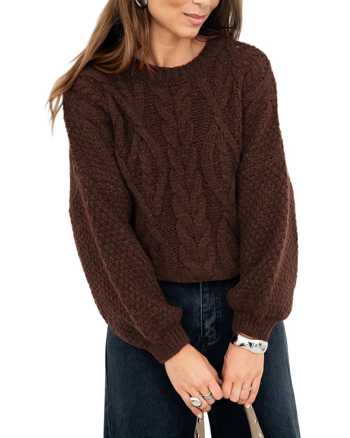 BTFBM Womens Sweaters Fall 2026 Long Sleeve Cable Knit Oversized Sweater Chunky Pullover Loose Fashion Clothes