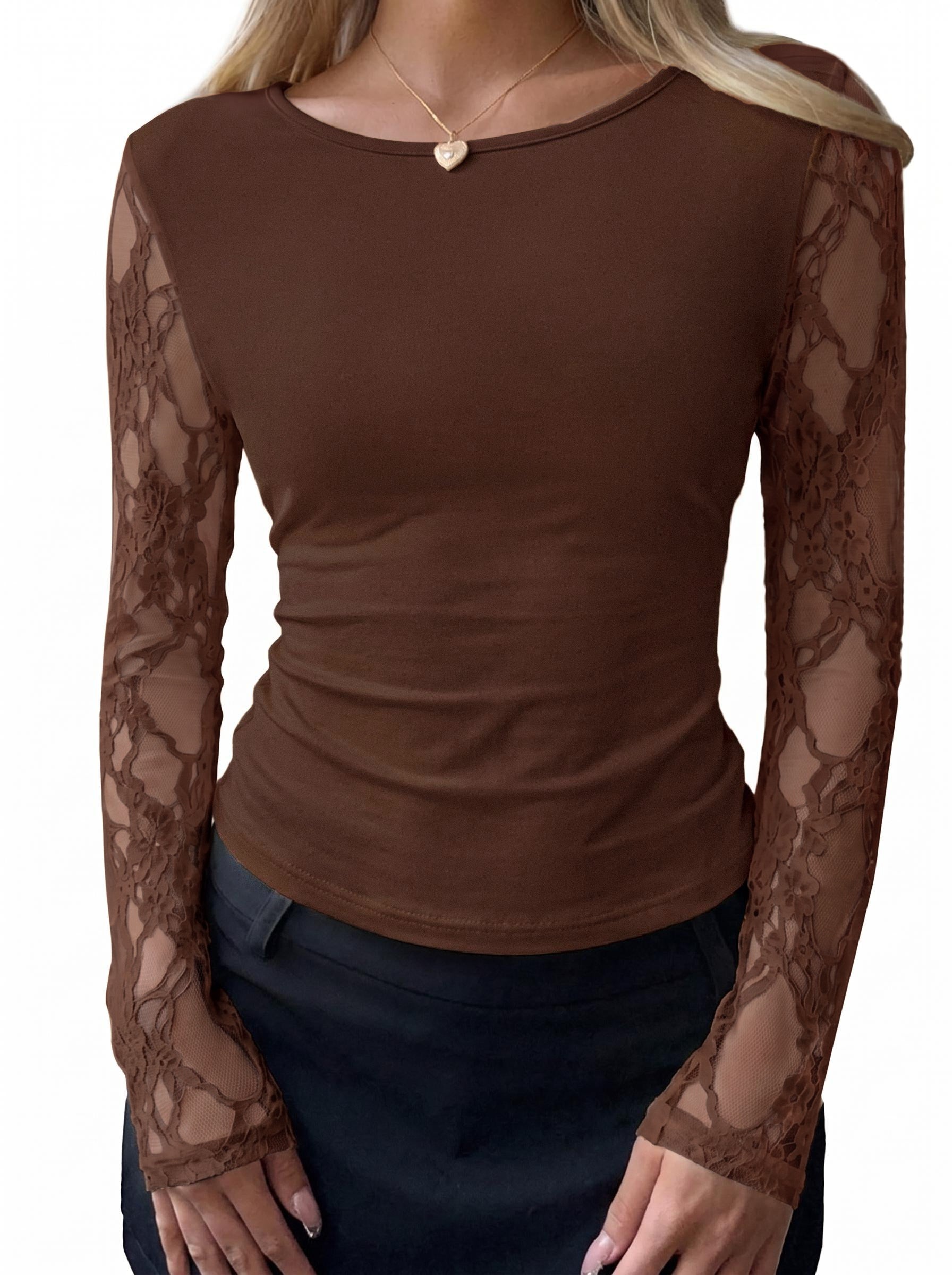 BTFBM Fall Tops for Women 2026 Sheer Lace Long Sleeve Top Slim Fit Blouses