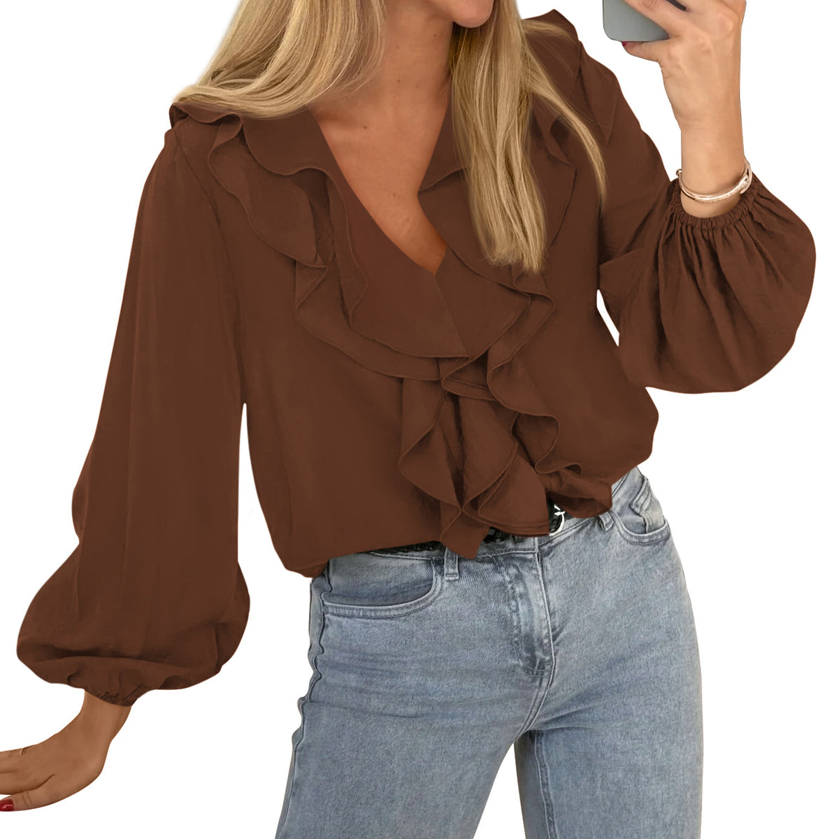 BTFBM Womens Fall Tops Ruffle Blouses Dressy Casual | Double Ruffled Collar V Neck Long Sleeve Shirts, Lightweight Fashion Clothing 2026 Trendy, Daily Business Office Work Clothes