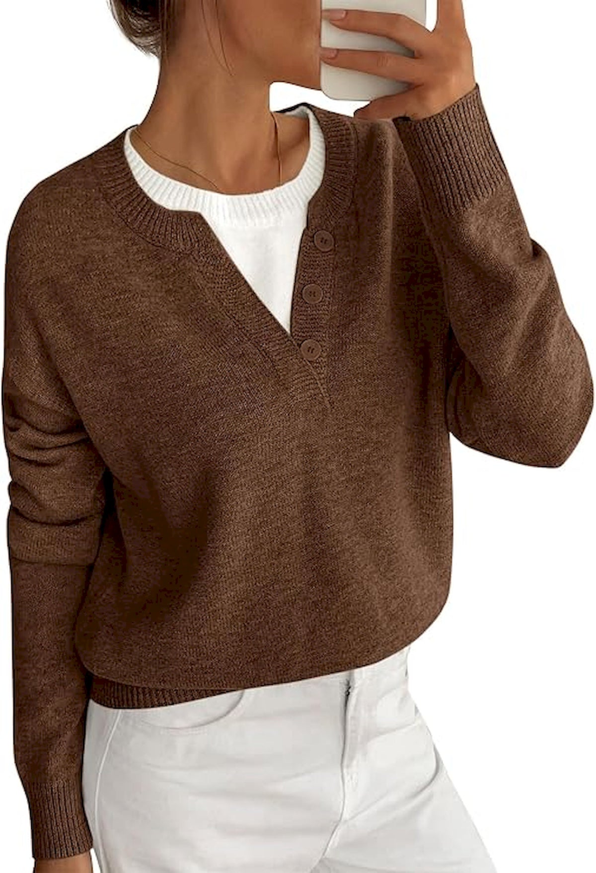 BTFBM Women Long Sleeve Crew Neck Sweaters  Tops, 2 in1 Knitted Pullover, Deco Buttons, Oversized, Stretchy, Vacation, Business Casual Outfits, Fall Winter Trendy 2026